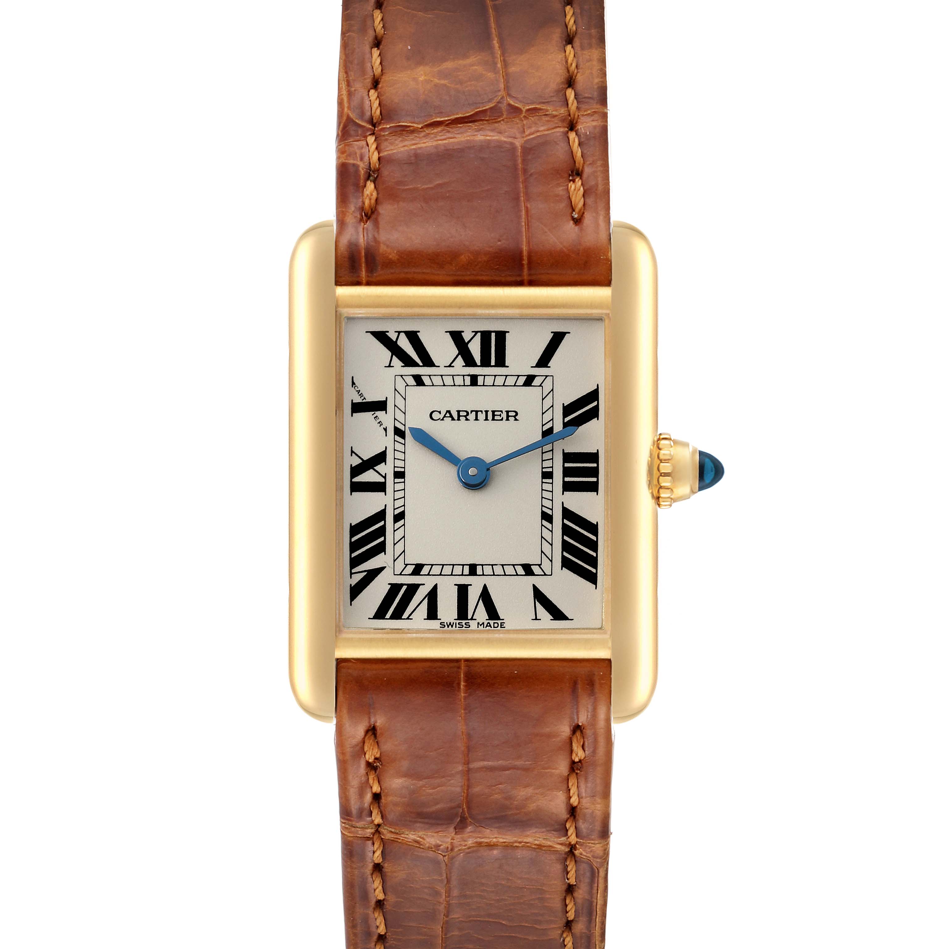 The image shows a front view of the Cartier Tank Louis W1529856 Women's Yellow Gold Silver Dial W1529856 Women's Yellow Gold Silver Dial watch, featuring its Roman numeral dial and a brown leather strap.