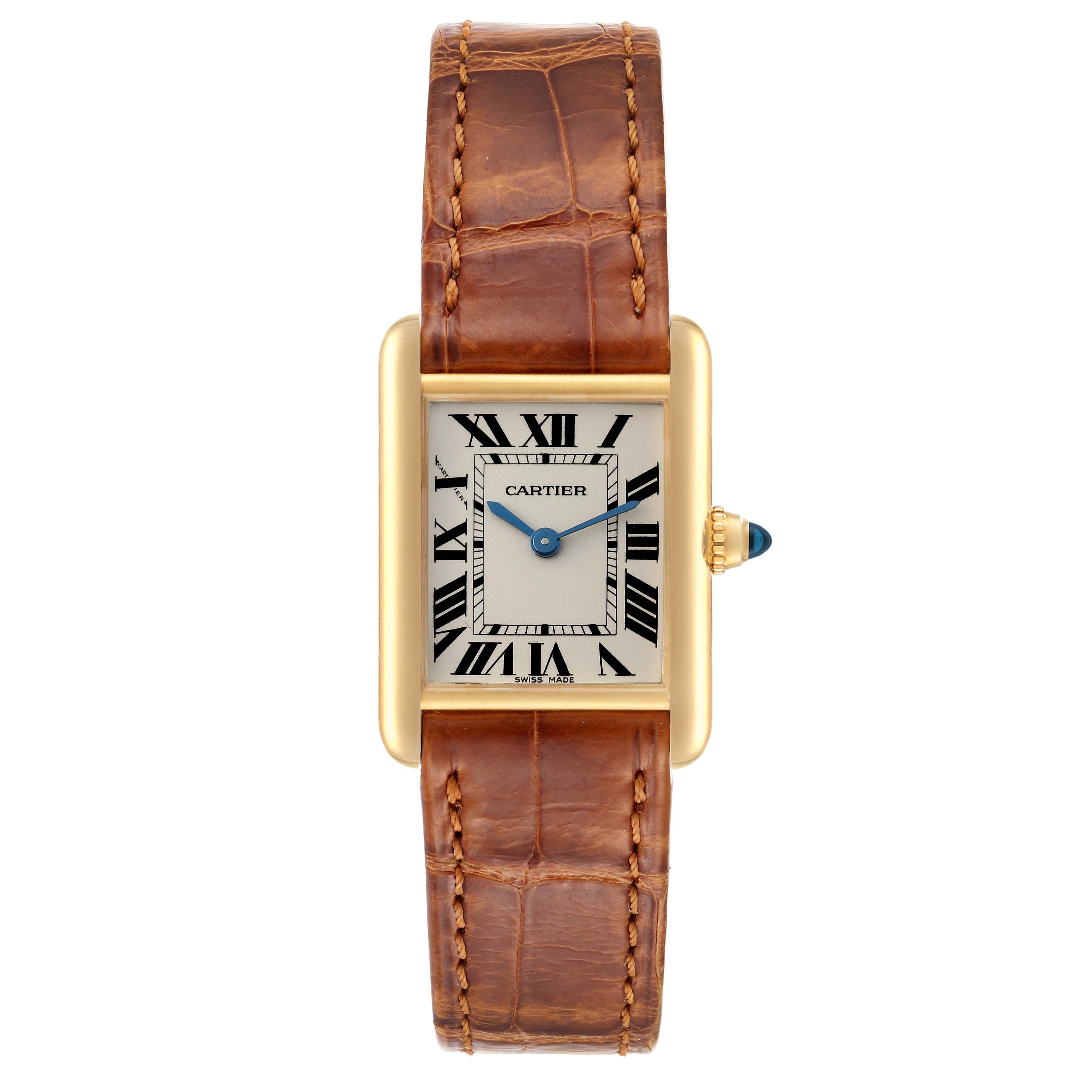 The image shows a frontal view of the Cartier Tank Louis W1529856 Women's Yellow Gold Silver Dial W1529856 Women's Yellow Gold Silver Dial watch, highlighting the face, gold casing, and brown leather strap.