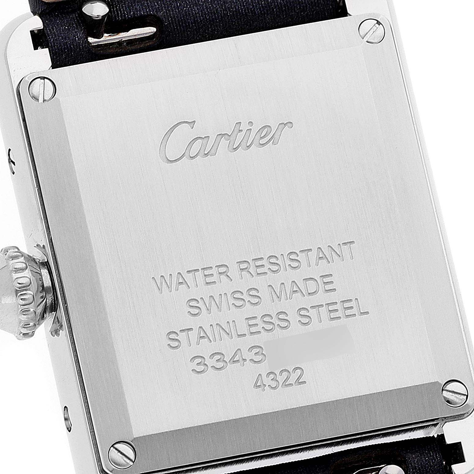 This image shows the back of the Cartier Tank Must W4TA0016 Women's Stainless Steel Silver Dial W4TA0016 Women's Stainless Steel Silver Dial watch, highlighting its water resistance and Swiss-made stainless steel details.