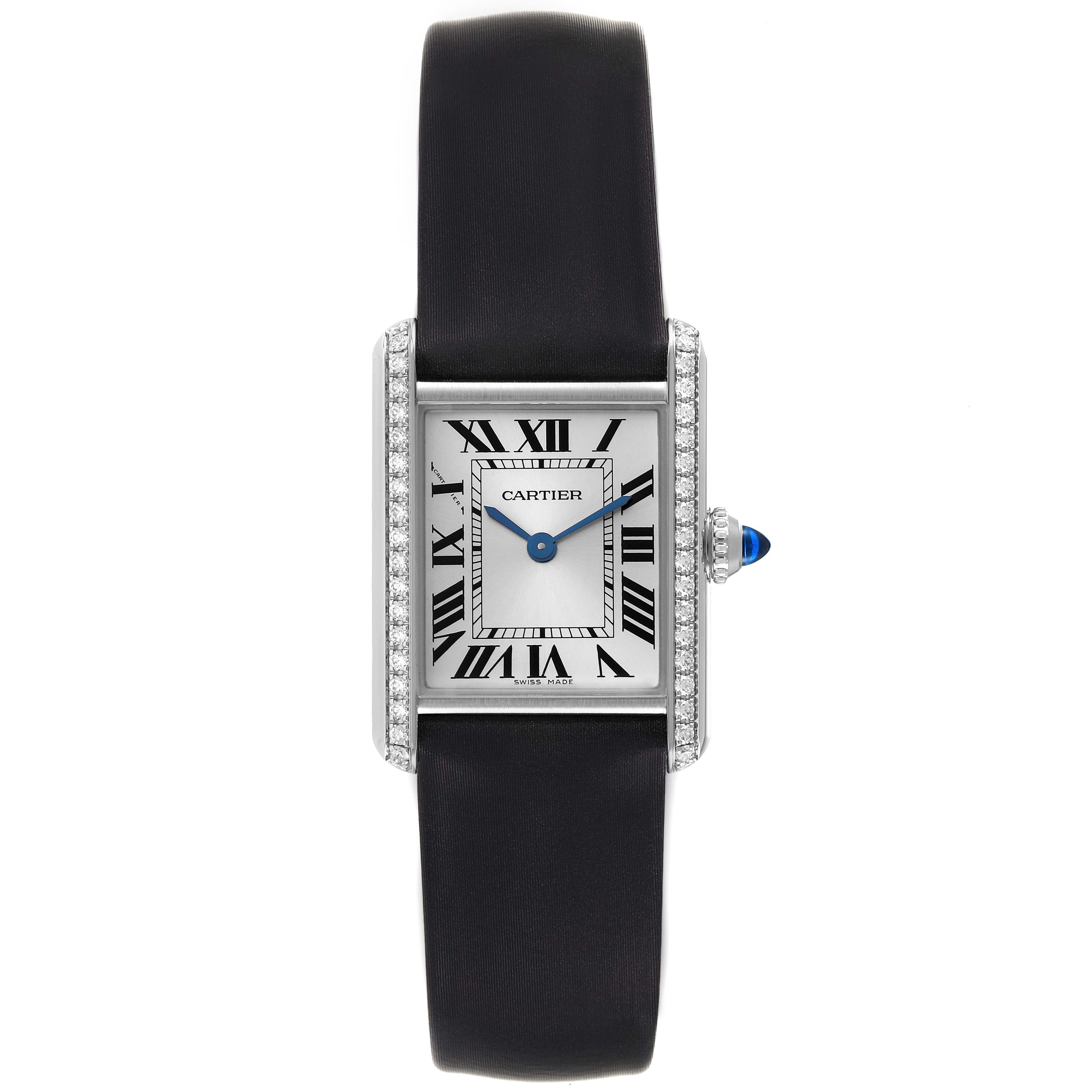 This image displays a frontal view of a Cartier Tank Must W4TA0016 Women's Stainless Steel Silver Dial W4TA0016 Women's Stainless Steel Silver Dial watch, highlighting the dial, case, and strap.