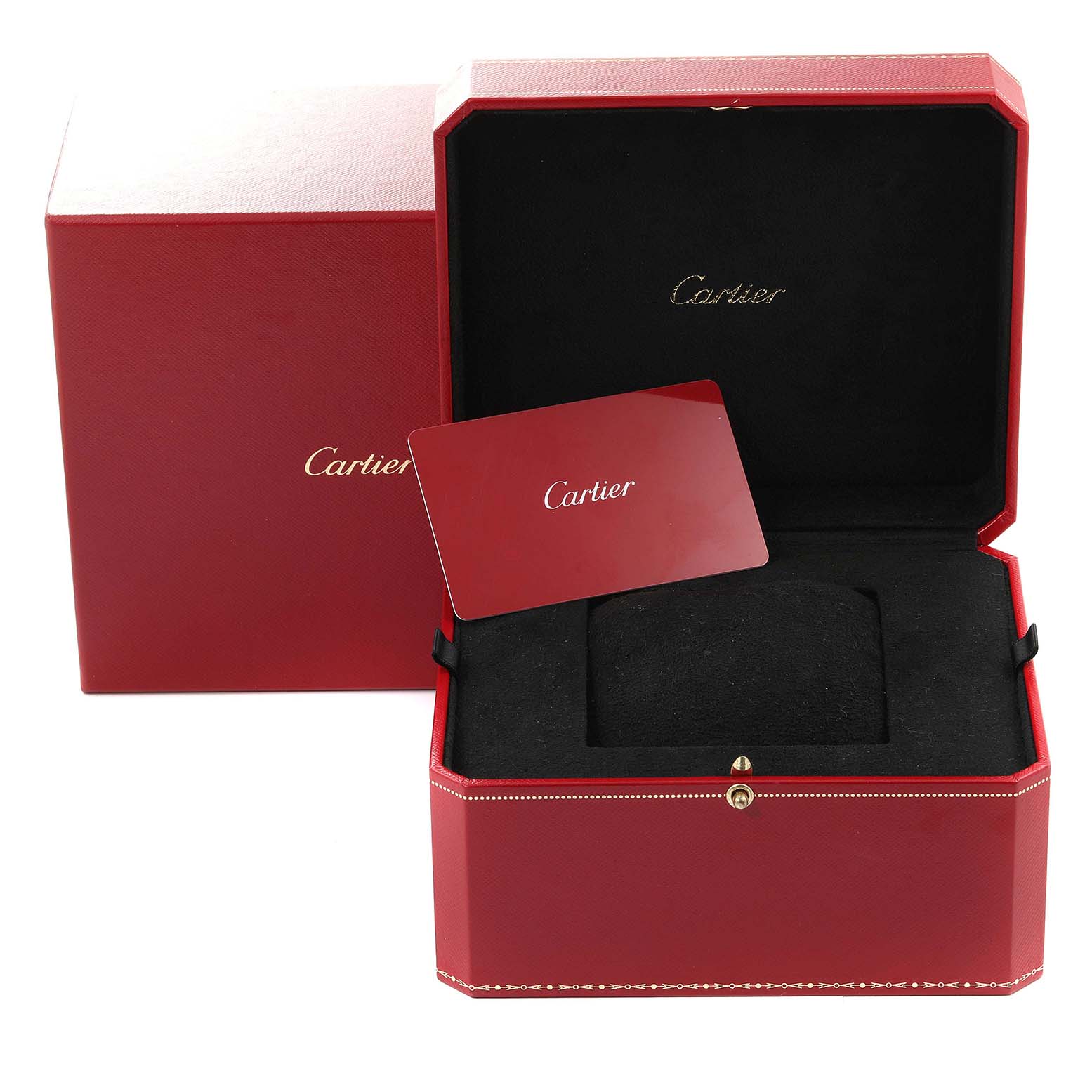 The image shows the red Cartier box and authenticity card for the Tank Must model by Cartier.
