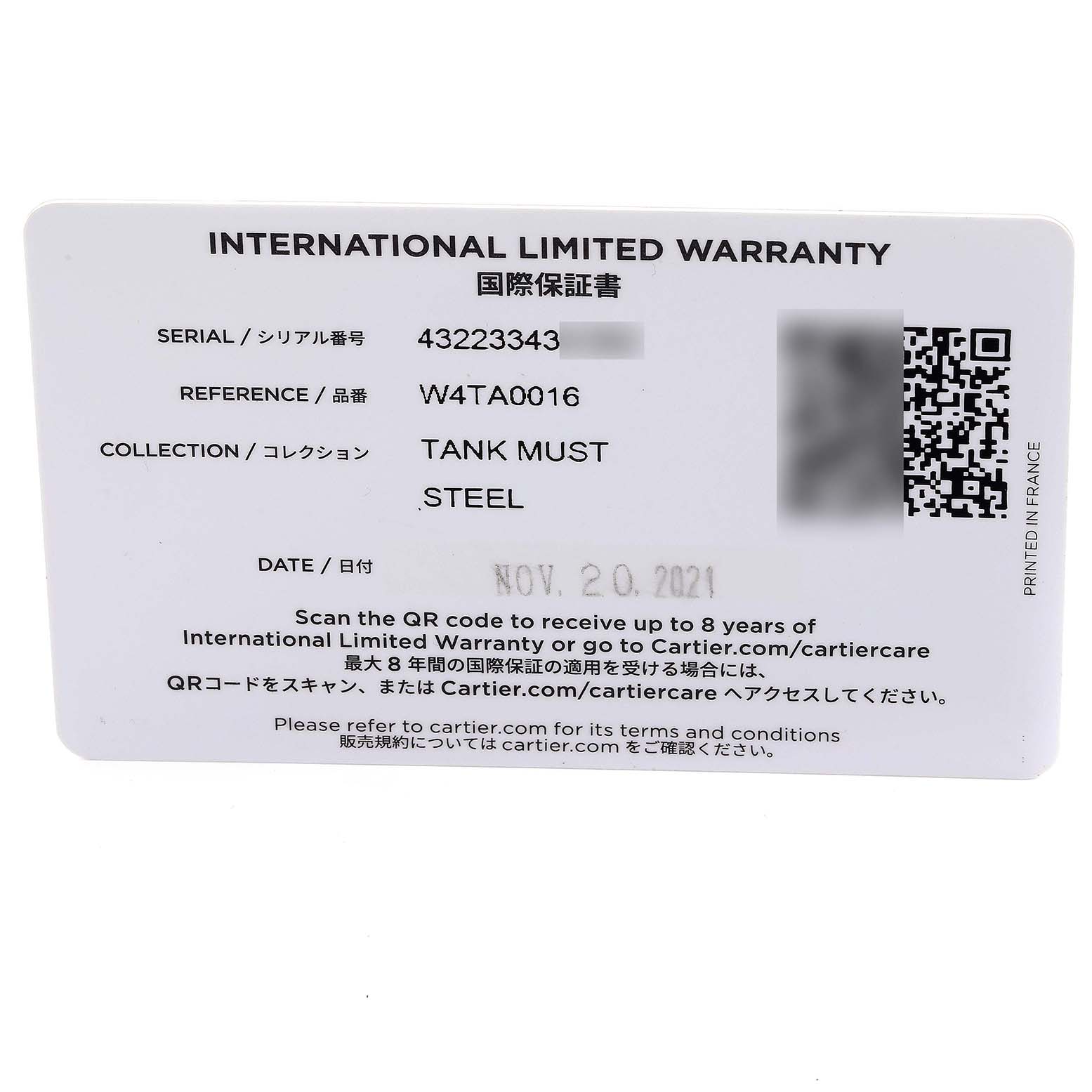 Card showing International Limited Warranty details for the Cartier Tank Must W4TA0016 Women's Stainless Steel Silver Dial W4TA0016 Women's Stainless Steel Silver Dial model.