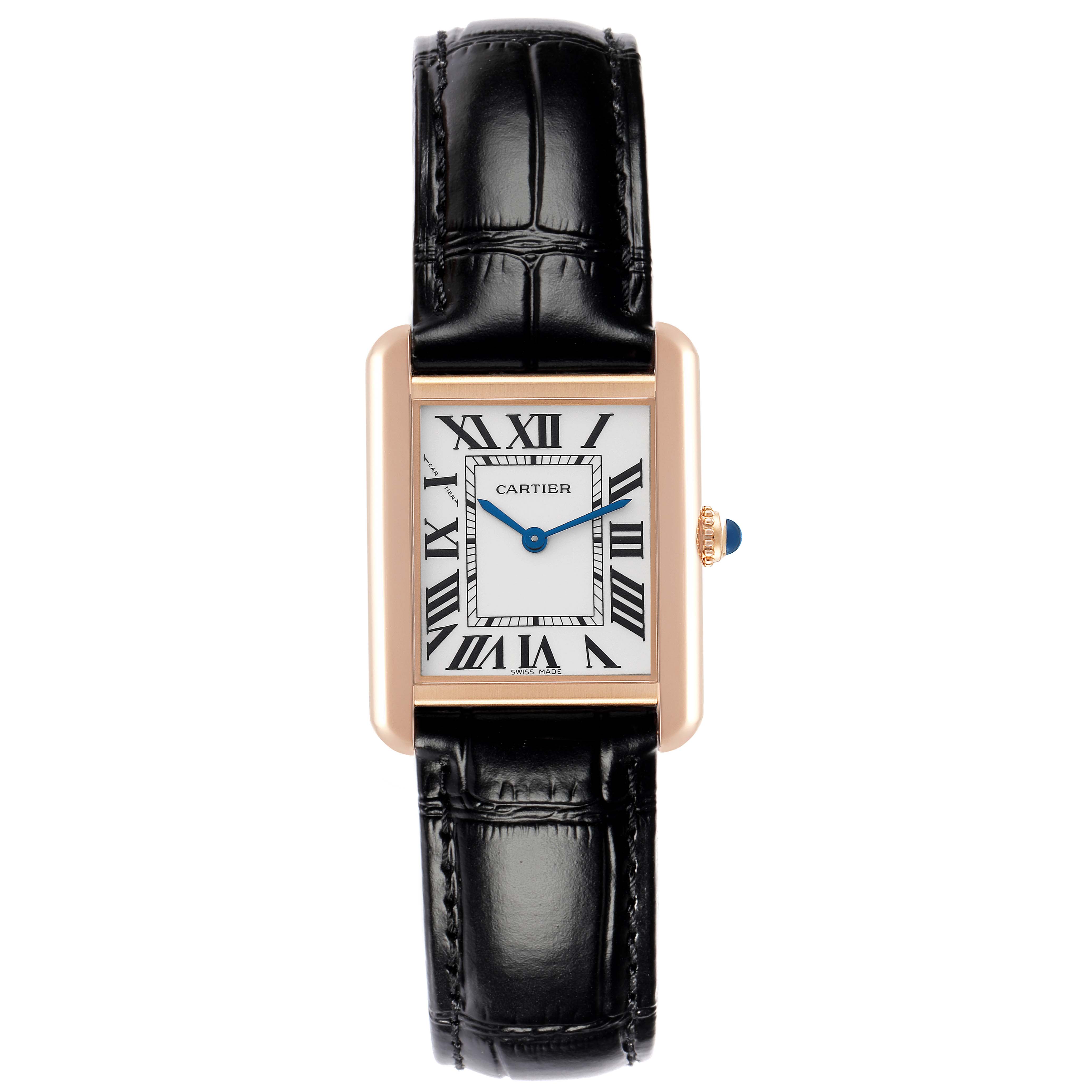 The Cartier Tank Solo W5200002 Women
s Steel and Gold (two tone) Silver Dial watch is shown from a top-down angle, displaying its rectangular face, Roman numerals, blue hands, and black leather strap.