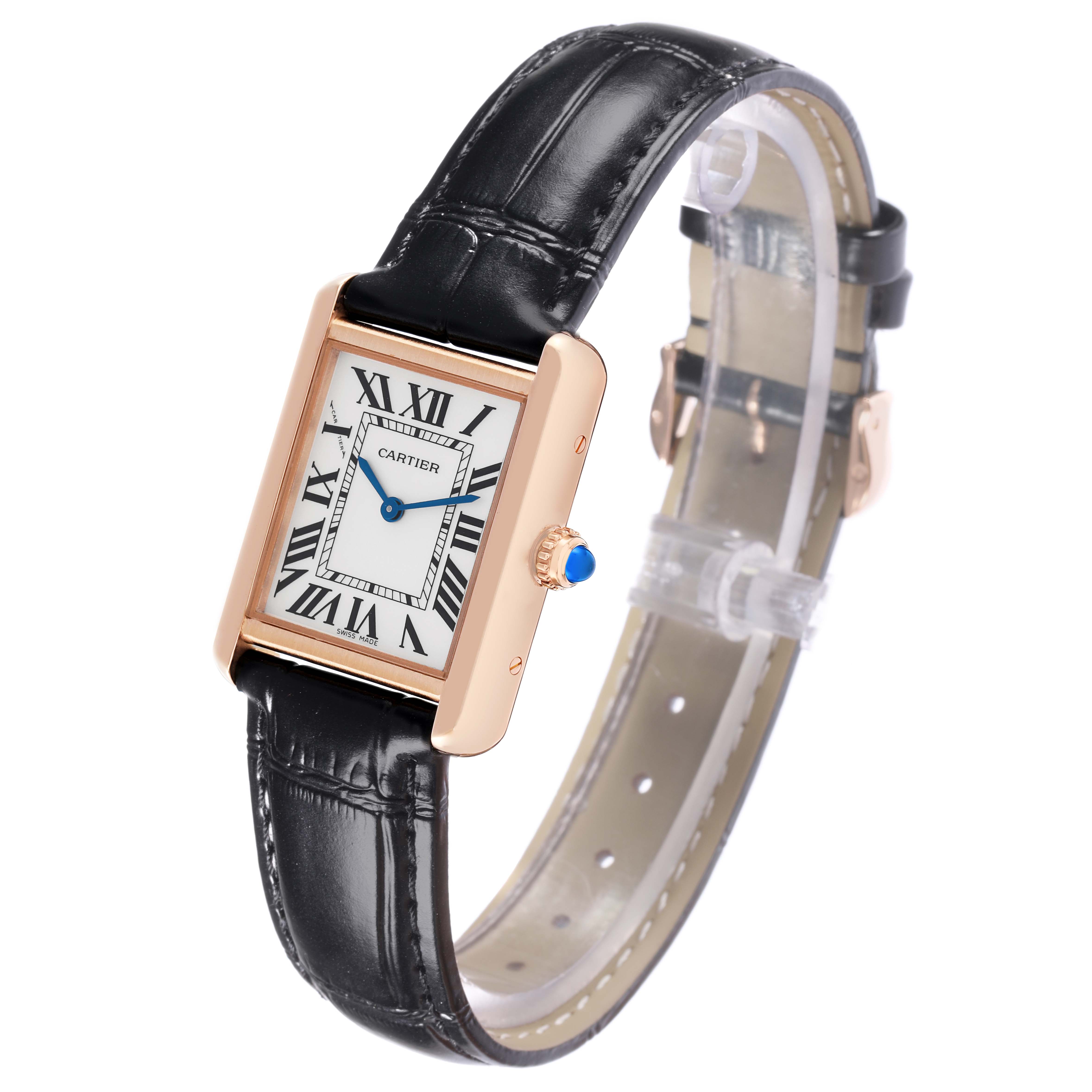 The Cartier Tank Solo W5200002 Women
s Steel and Gold (two tone) Silver Dial watch is shown at an angled side view, highlighting the face, hands, crown, and leather strap.