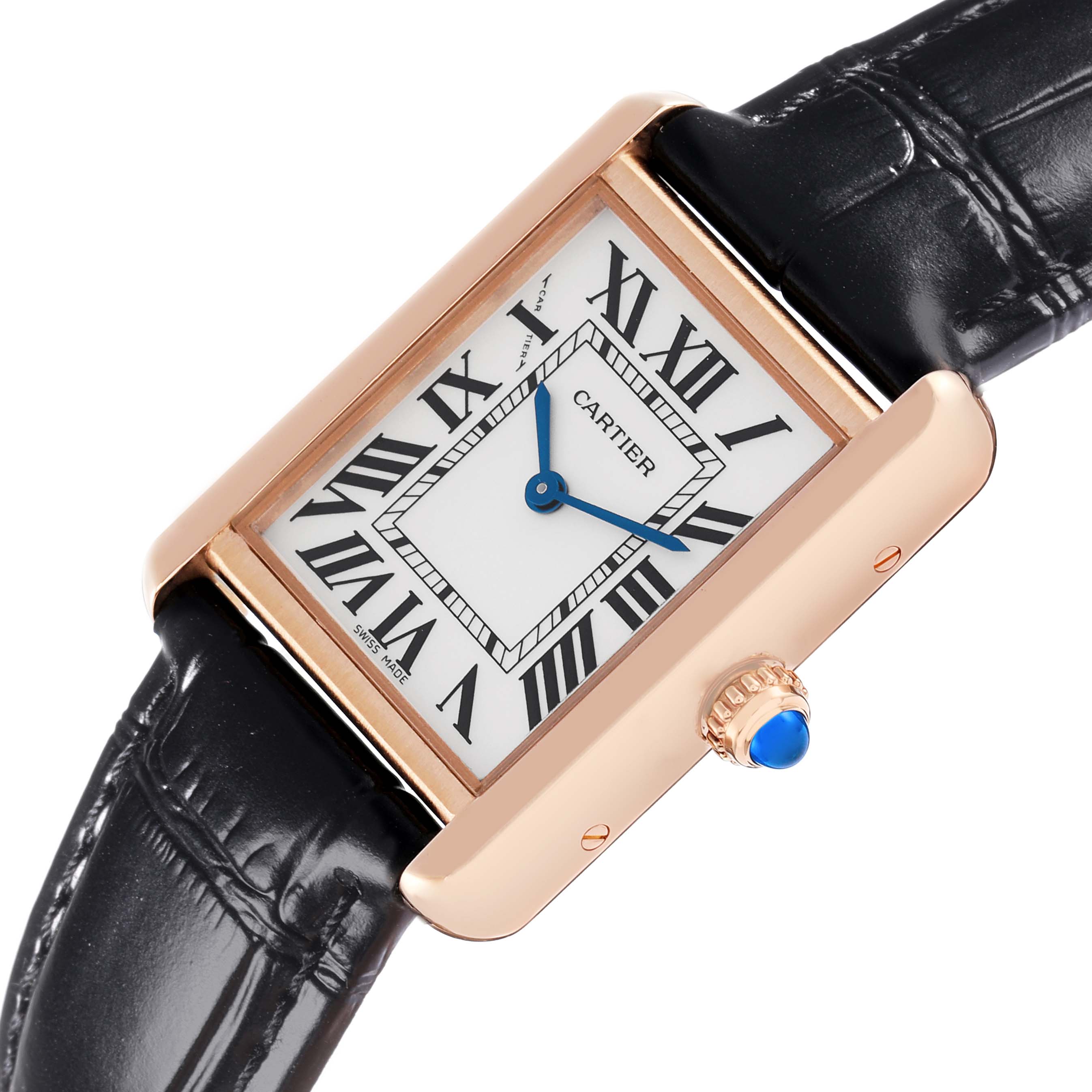 The Cartier Tank Solo W5200002 Women
s Steel and Gold (two tone) Silver Dial watch is shown at an angle highlighting its rectangular face, Roman numerals, and blue sapphire crown.