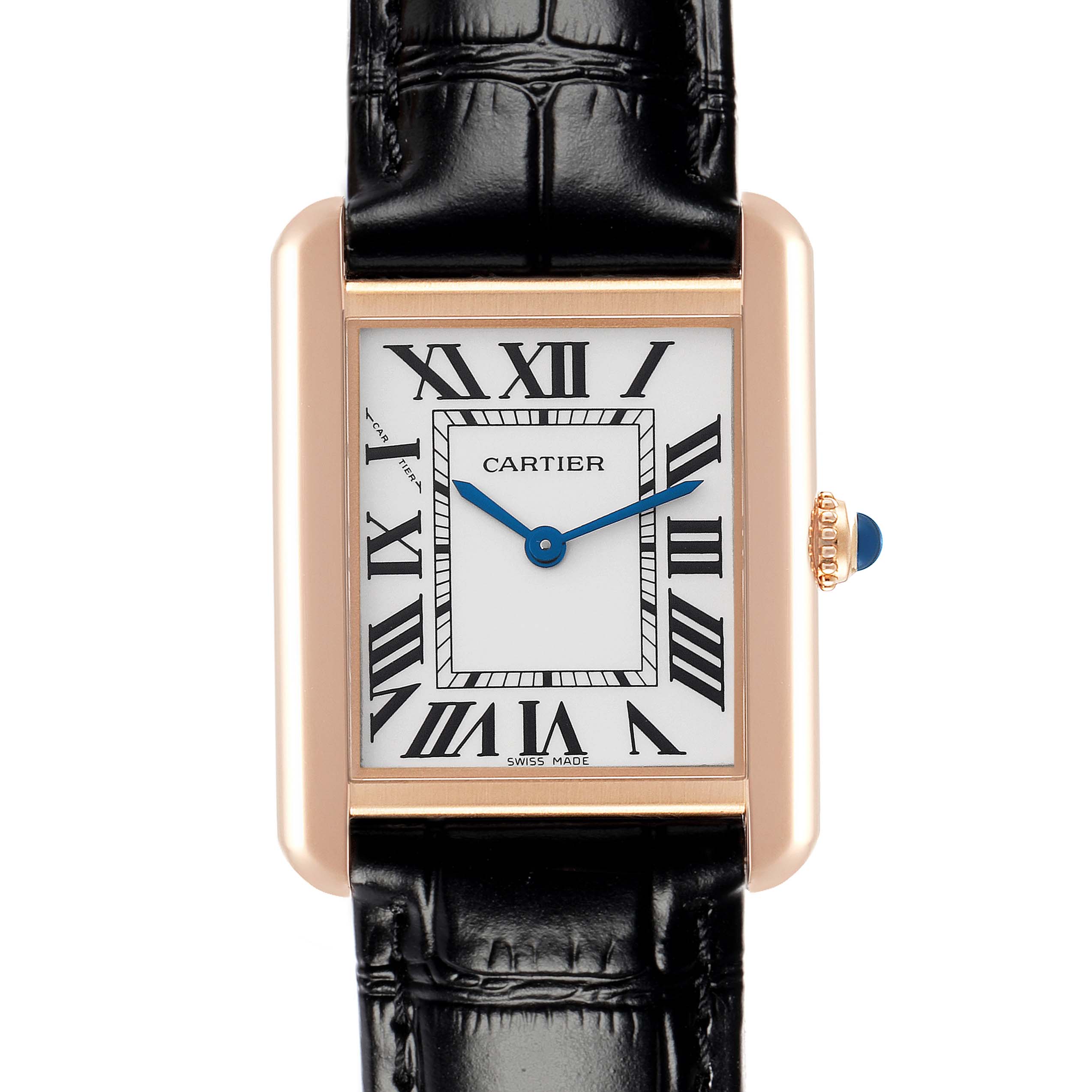The Cartier Tank Solo W5200002 Women
s Steel and Gold (two tone) Silver Dial watch is shown from the front, featuring a leather strap, rectangular case, Roman numeral dial, and blue hands.