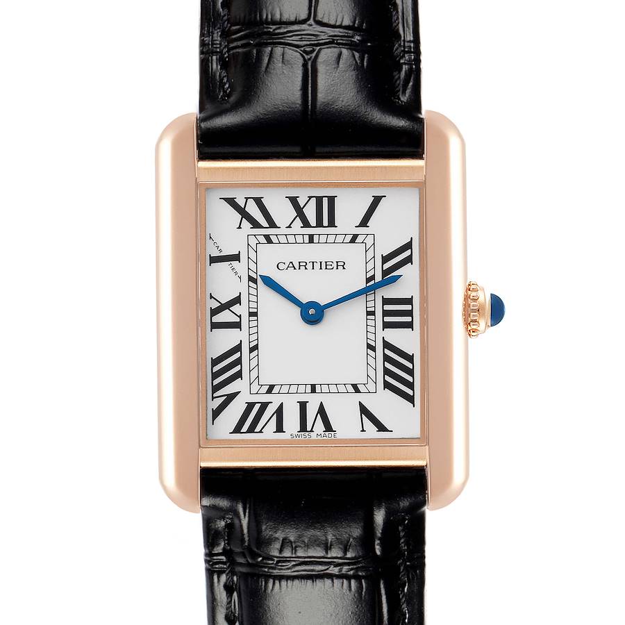 The Cartier Tank Solo W5200002 Women's Steel and Gold (two tone) Silver Dial watch is shown from the front, featuring a leather strap, rectangular case, Roman numeral dial, and blue hands.