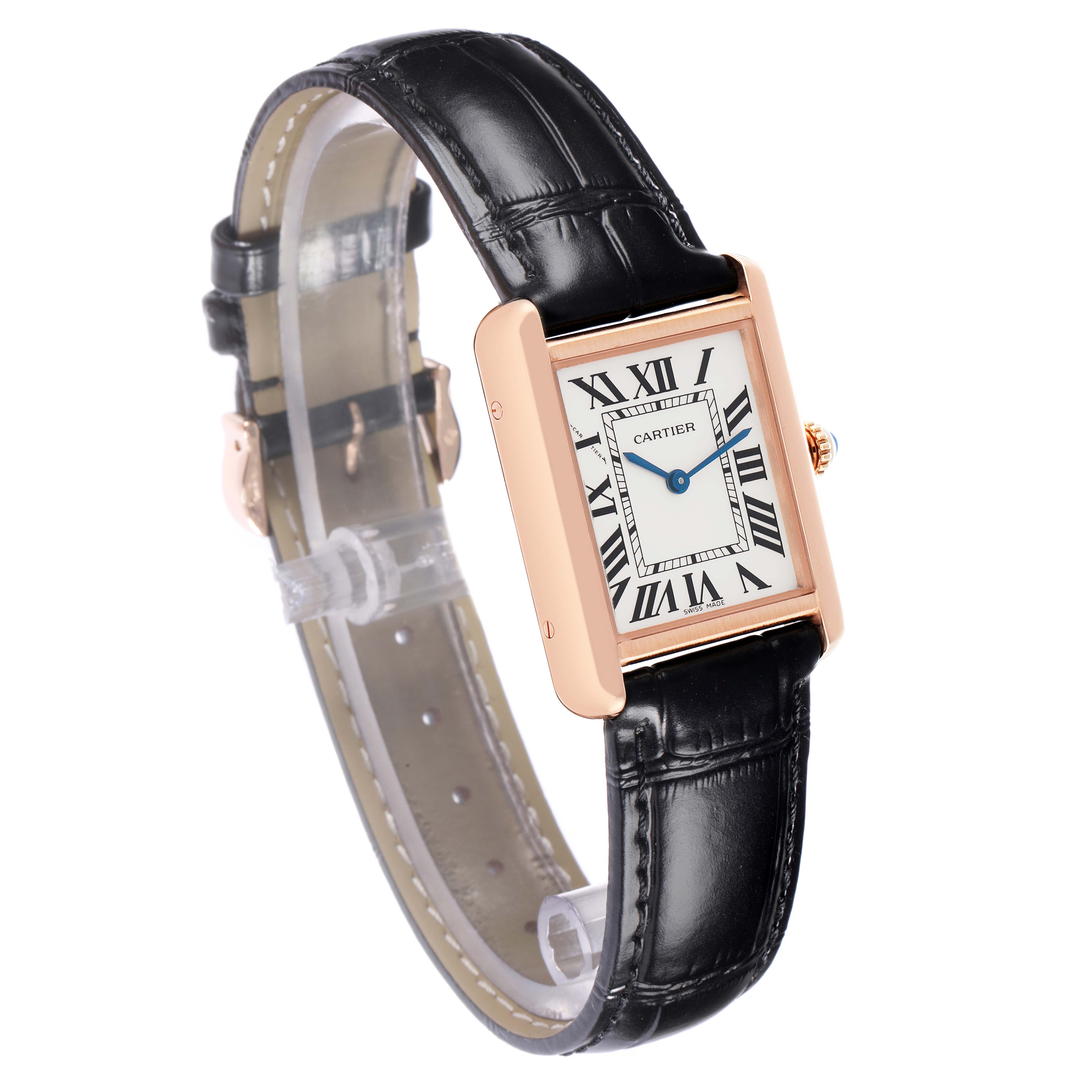 The Cartier Tank Solo W5200002 Women
s Steel and Gold (two tone) Silver Dial watch is shown at an angled side view, featuring the face, bezel, and black leather strap.