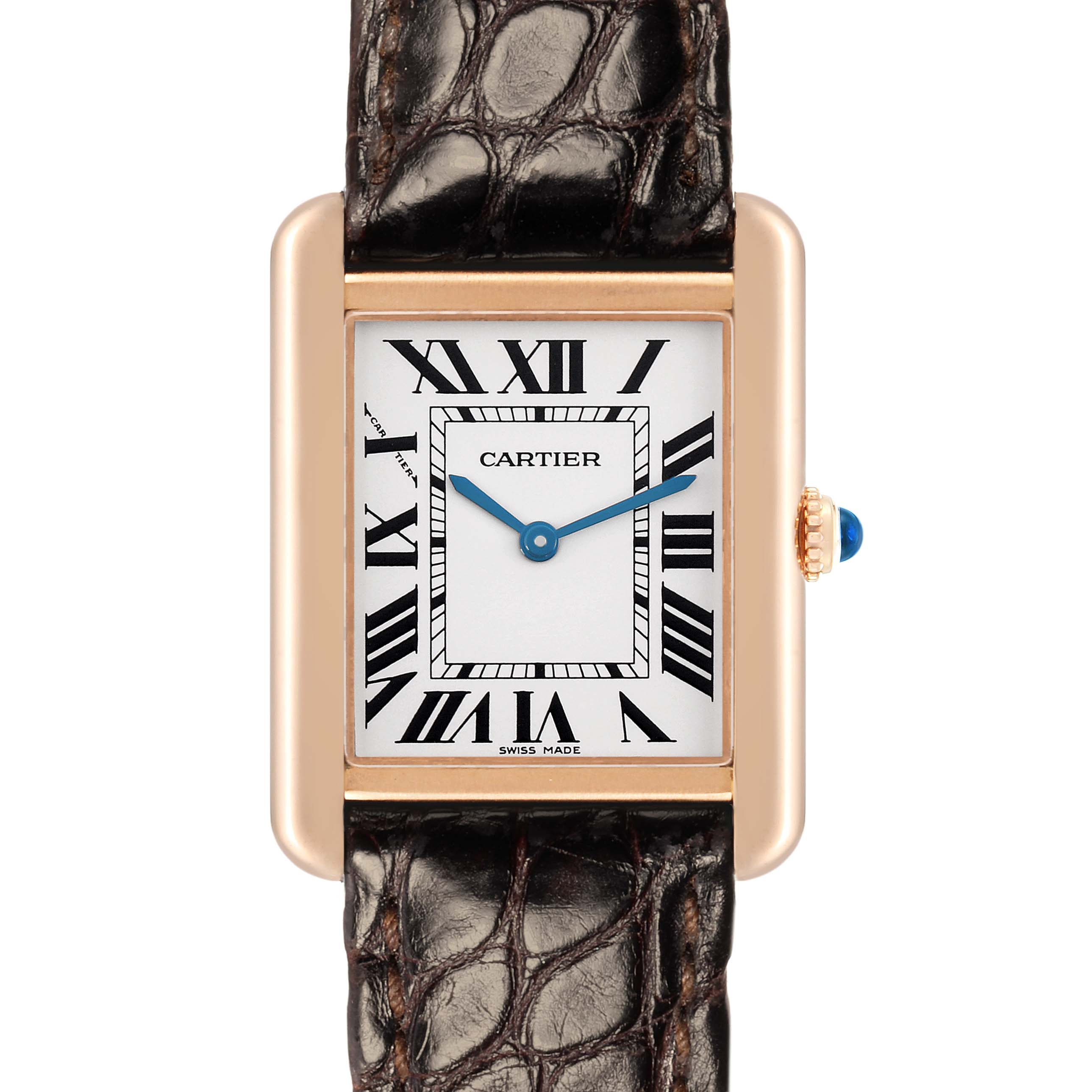 The Cartier Tank Solo W5200024 Women
s Rose Gold Silver Dial watch is shown from a front angle, highlighting its rectangular face, Roman numerals, and leather strap.