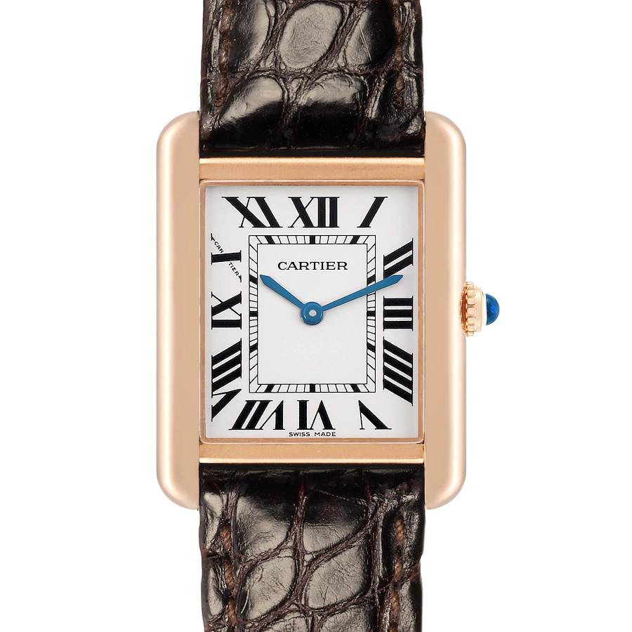 The Cartier Tank Solo W5200024 Women's Rose Gold Silver Dial watch is shown from a front angle, highlighting its rectangular face, Roman numerals, and leather strap.