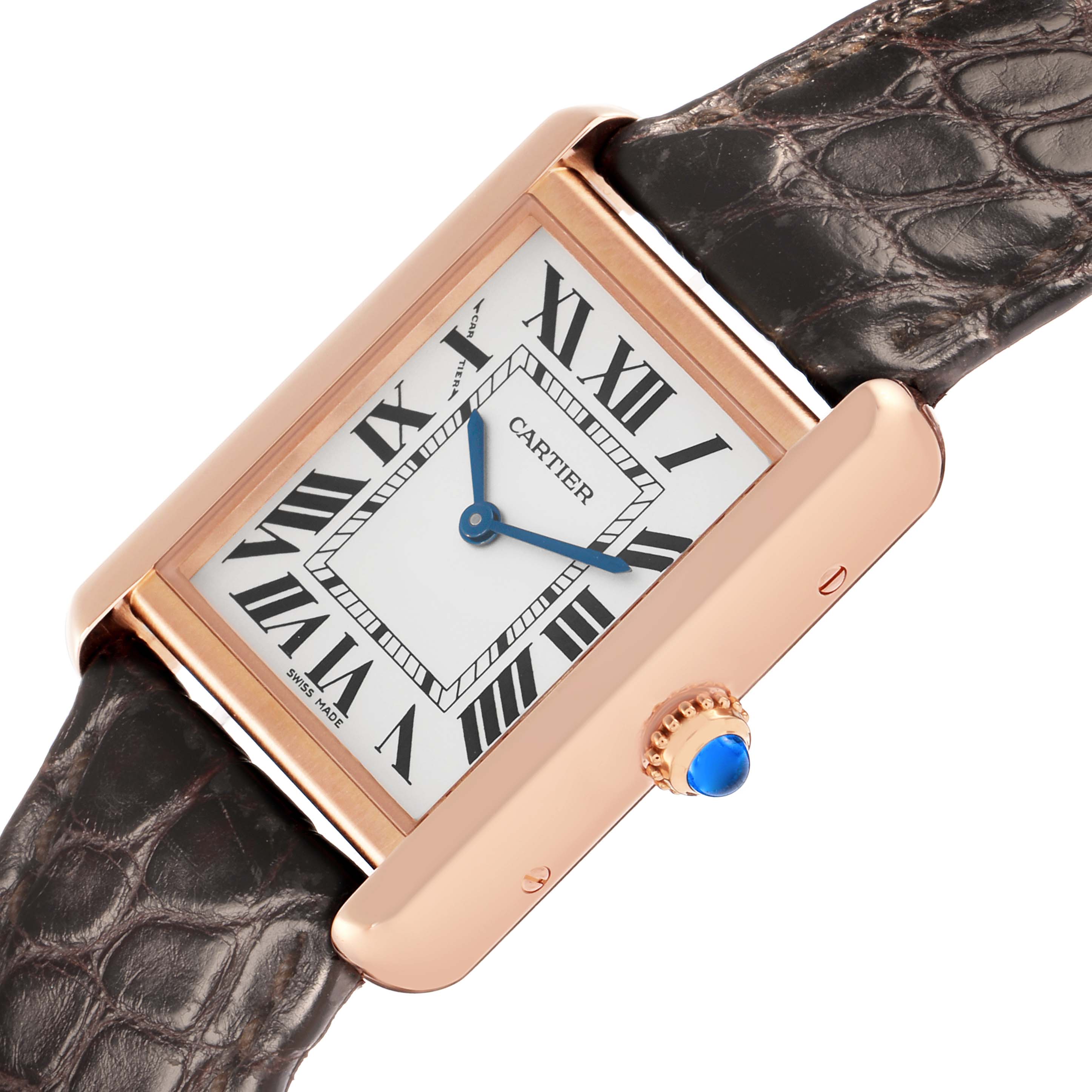The Cartier Tank Solo W5200024 Women
s Rose Gold Silver Dial watch is shown at an angled view, highlighting the face, Roman numerals, hands, and crown with a blue gem.