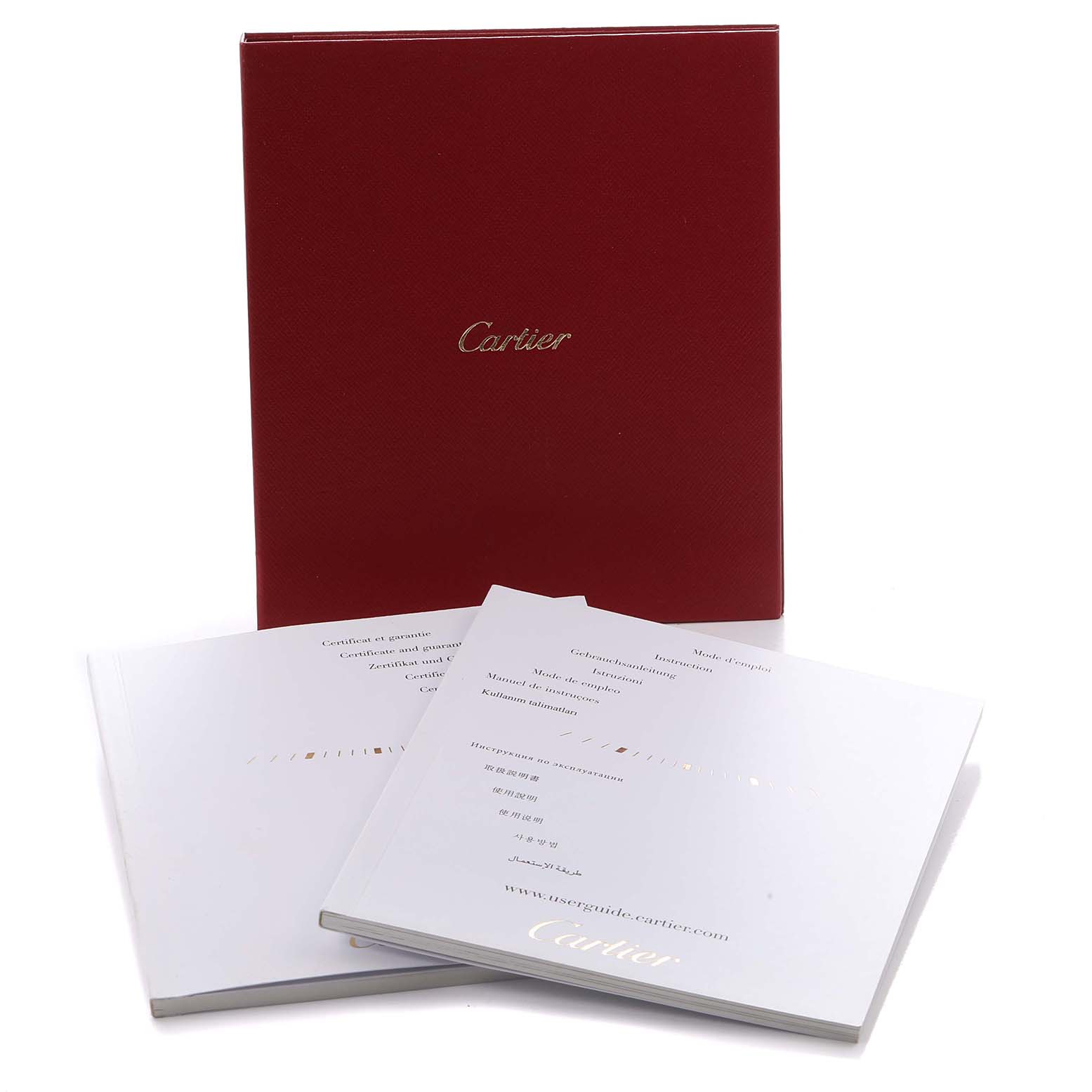 The image shows the Cartier Tank Solo W5200024 Women
s Rose Gold Silver Dial
s documentation, including a red booklet and white papers.