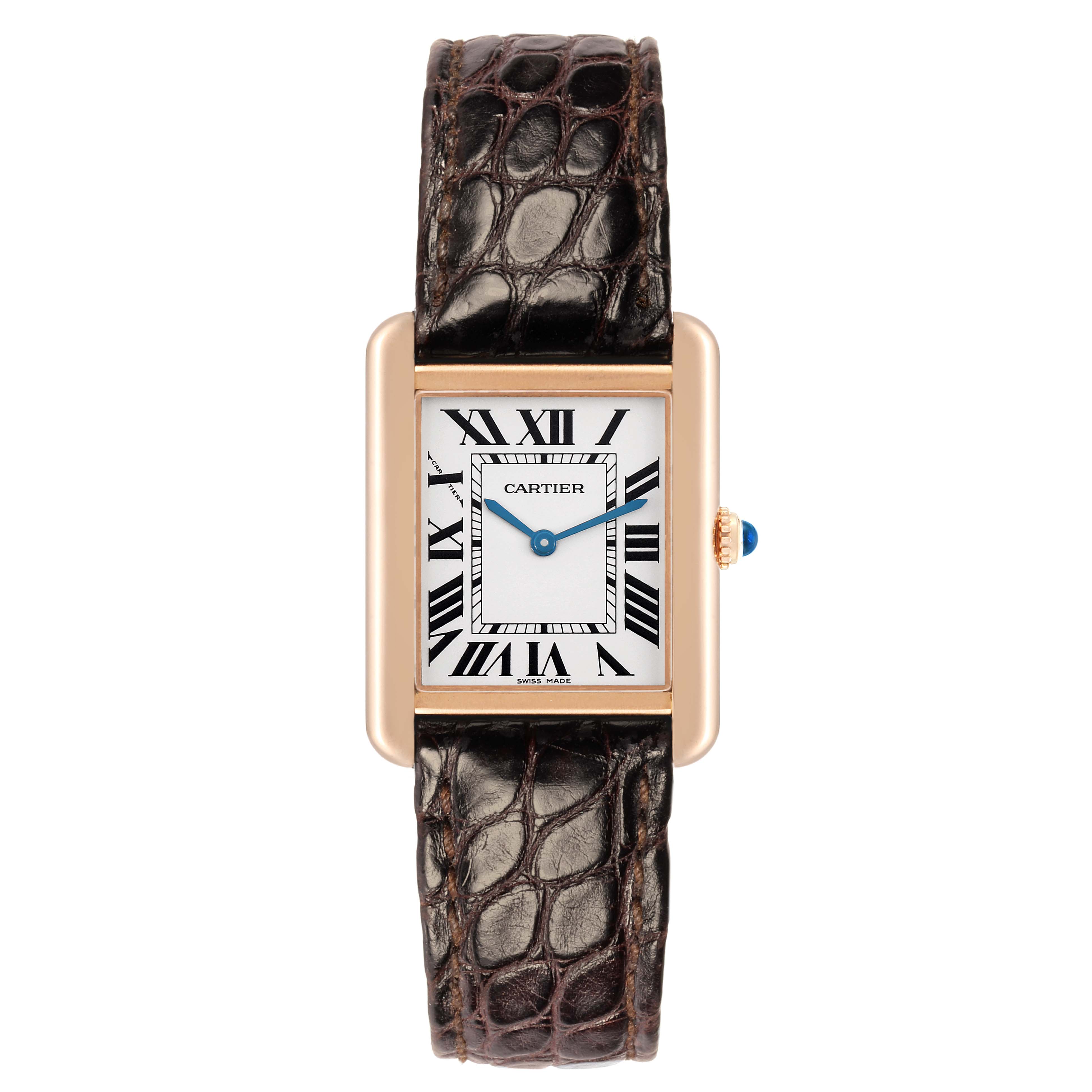 The Cartier Tank Solo W5200024 Women
s Rose Gold Silver Dial watch is shown from a straight-on angle, displaying the face, case, crown, and strap.