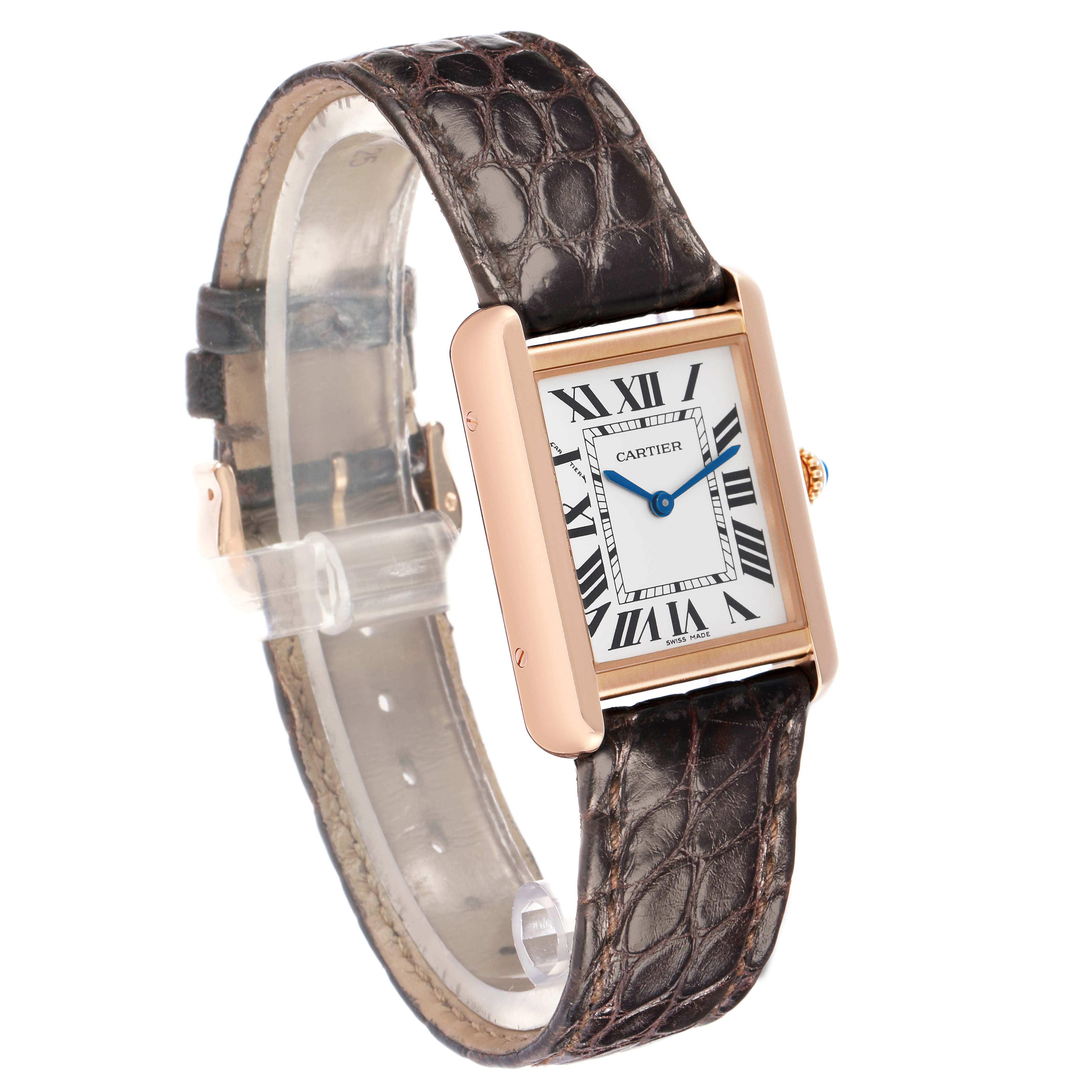 The Cartier Tank Solo W5200024 Women
s Rose Gold Silver Dial watch is shown at a slight angle, displaying the face, Roman numerals, and textured leather strap.
