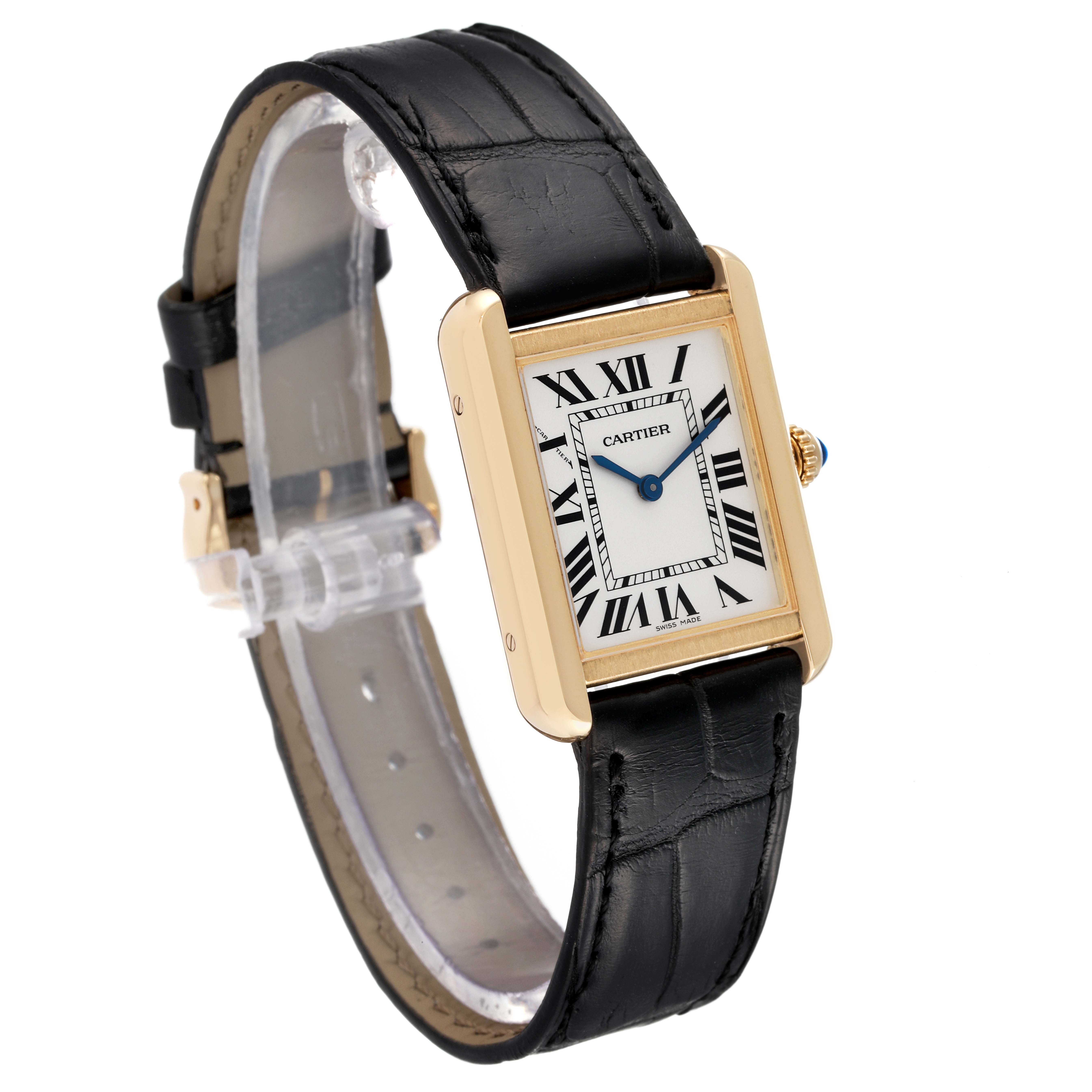 The image shows a Cartier Tank Solo W5200002 Women's Yellow Gold Silver Dial W5200002 Women's Yellow Gold Silver Dial watch angled slightly to the side, featuring a rectangular face with a black leather strap.