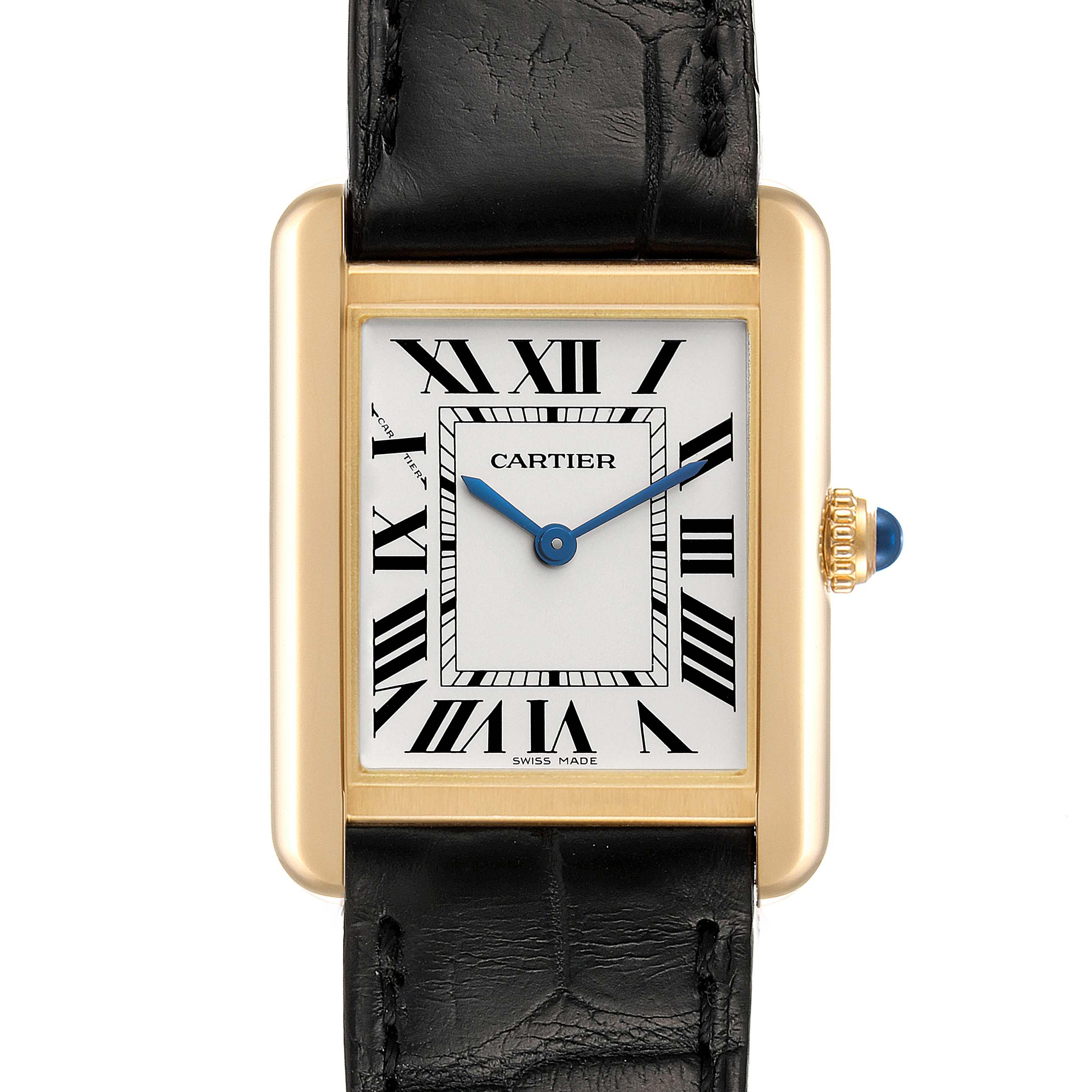 The image shows a front view of the Cartier Tank Solo W5200002 Women's Yellow Gold Silver Dial W5200002 Women's Yellow Gold Silver Dial watch, highlighting the rectangular dial, Roman numerals, and black leather strap.