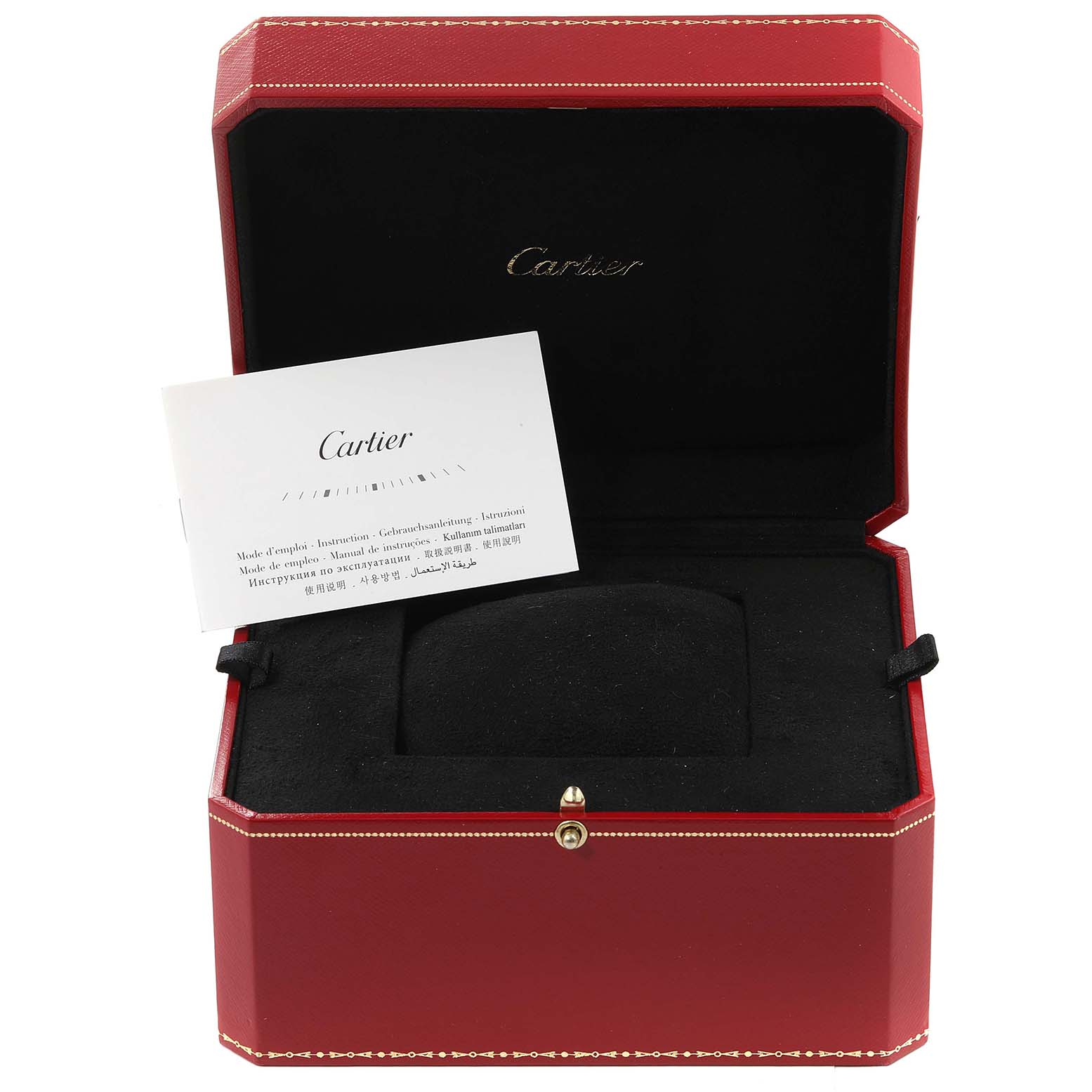 A Cartier Tank Solo W5200002 Women's Yellow Gold Silver Dial W5200002 Women's Yellow Gold Silver Dial watch box is shown open, containing an instruction manual inside.