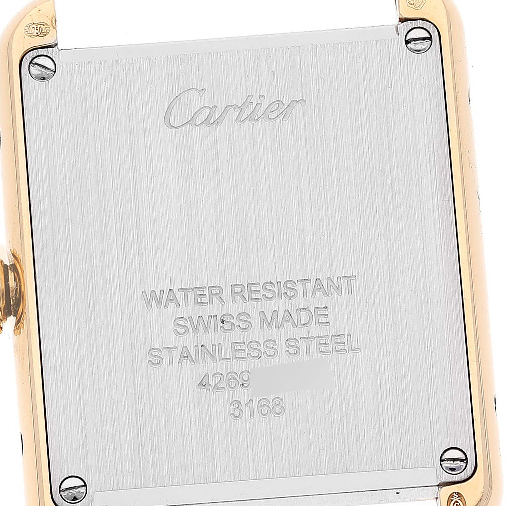 The image shows the back case and engraved details of a Cartier Tank Solo W5200002 Women's Yellow Gold Silver Dial W5200002 Women's Yellow Gold Silver Dial watch.