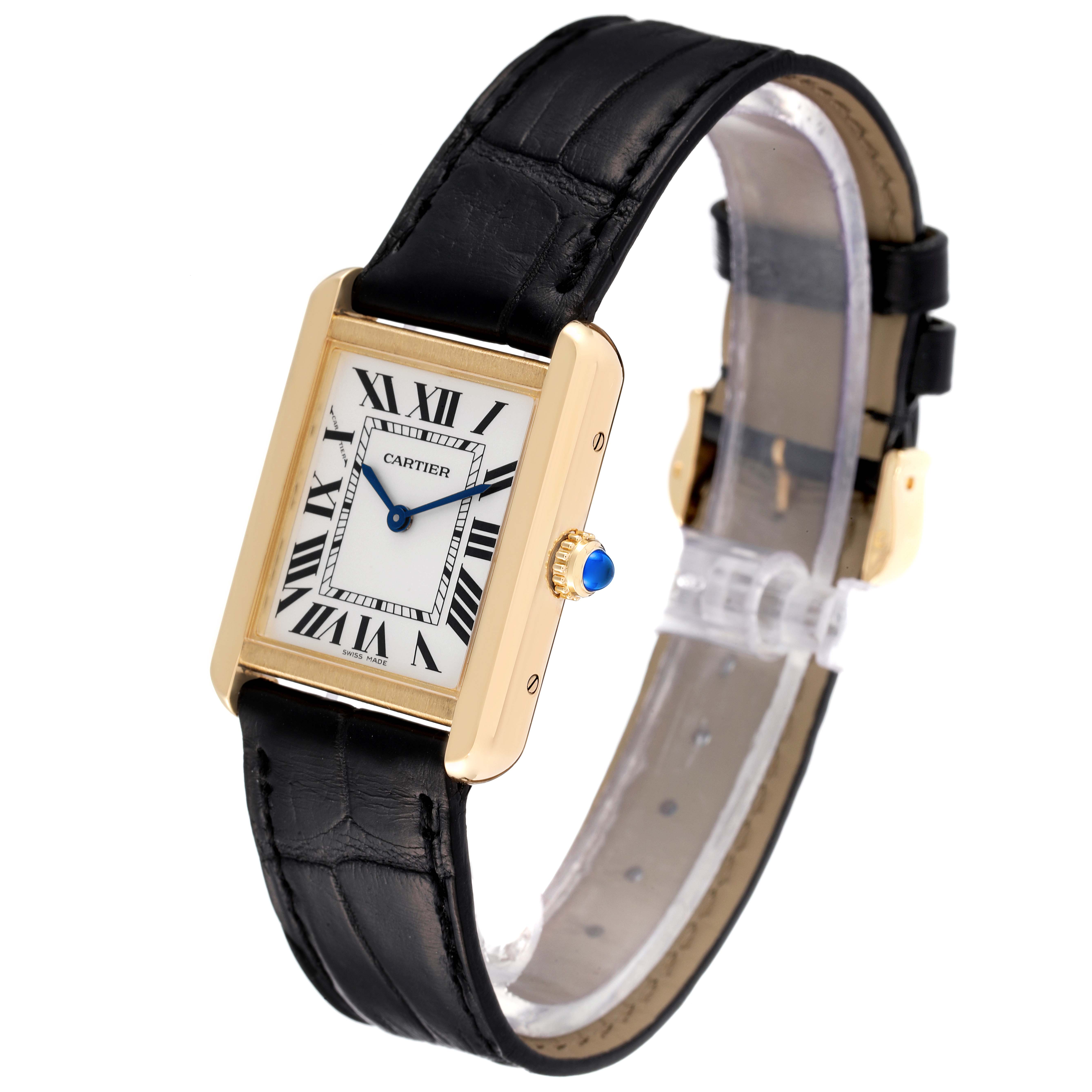 This image shows a Cartier Tank Solo W5200002 Women's Yellow Gold Silver Dial W5200002 Women's Yellow Gold Silver Dial watch at a three-quarter angle, highlighting its rectangular face, strap, and crown.