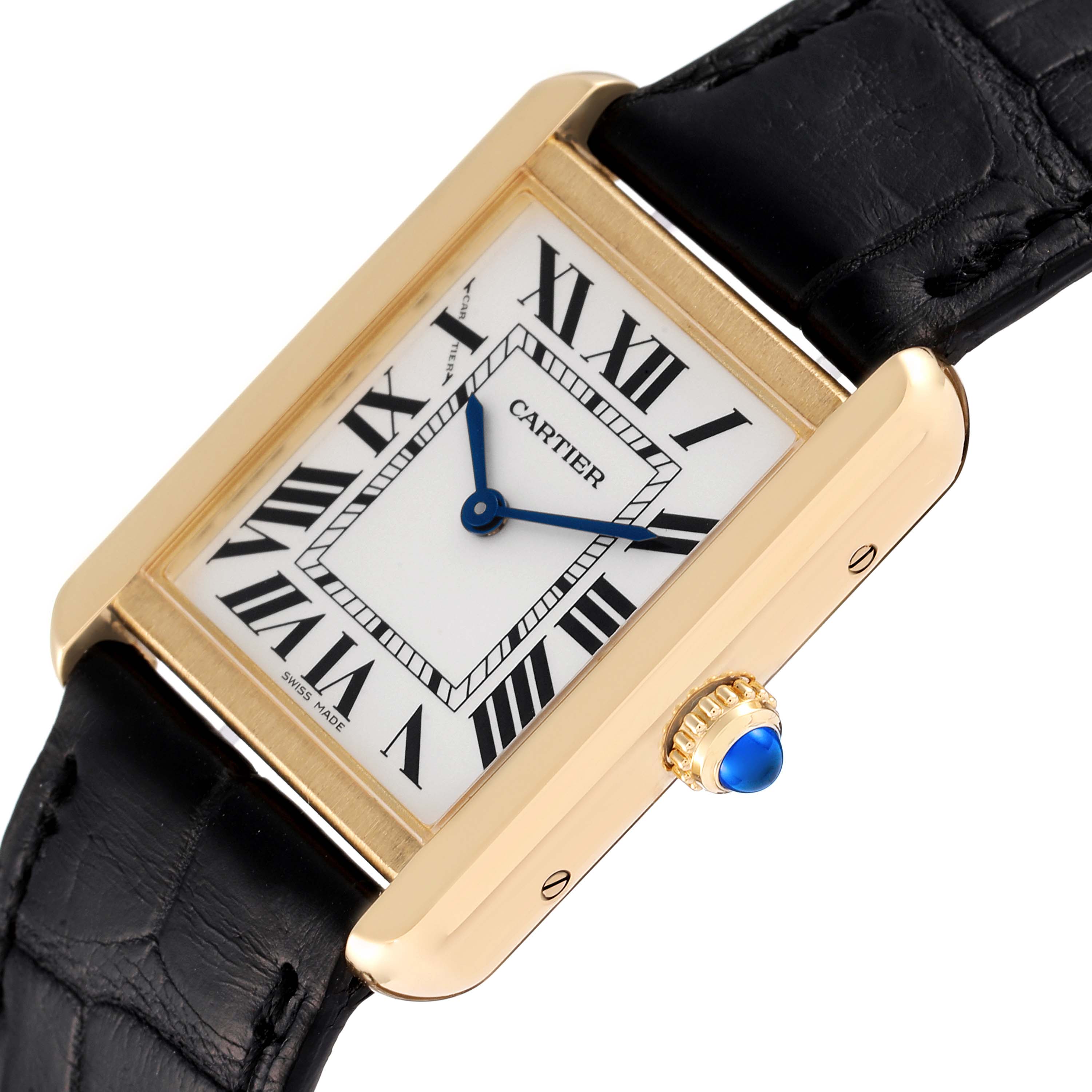 The image shows a Cartier Tank Solo W5200002 Women's Yellow Gold Silver Dial W5200002 Women's Yellow Gold Silver Dial watch from an angled view, highlighting its face, crown, and black leather strap.