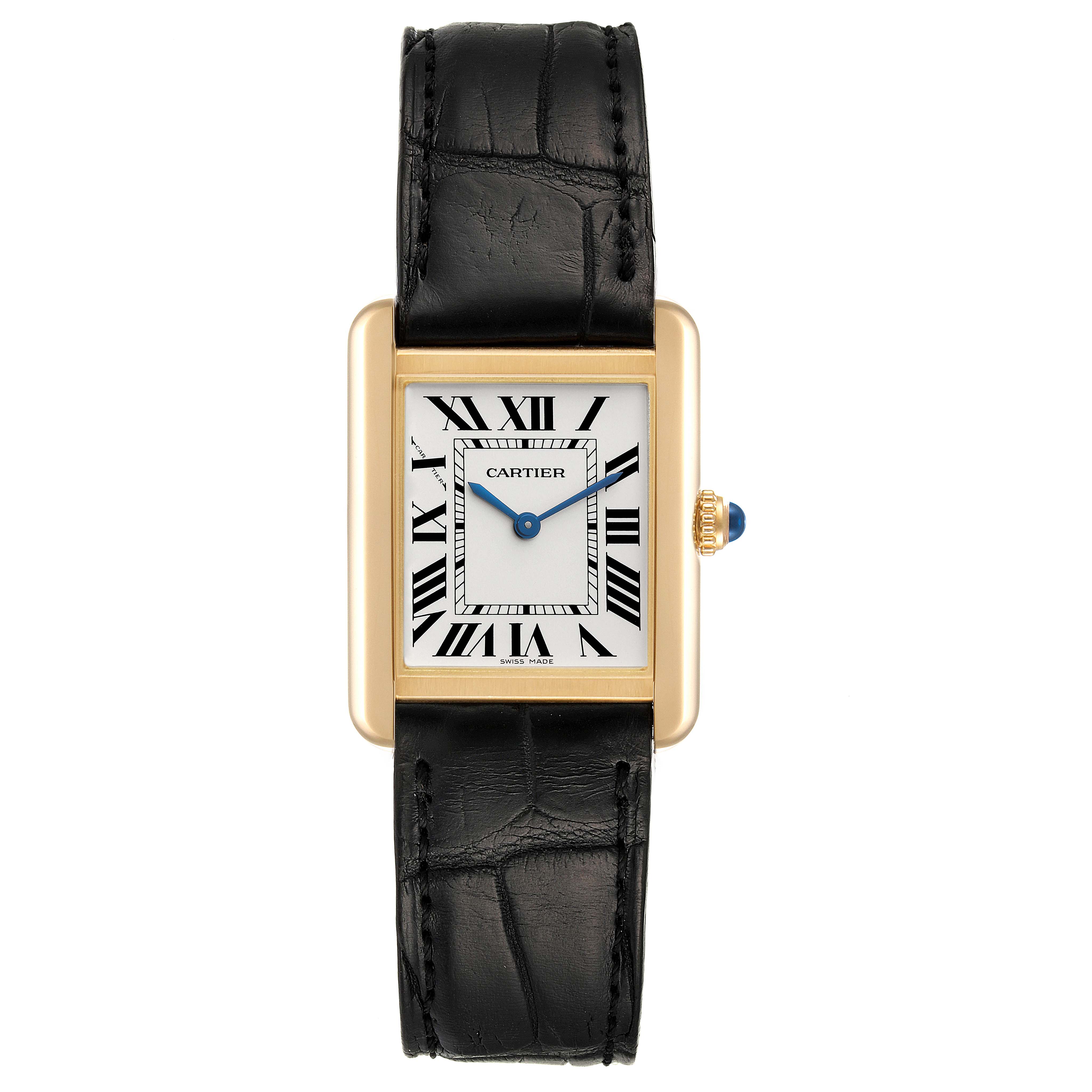 This image shows a front view of the Cartier Tank Solo W5200002 Women's Yellow Gold Silver Dial W5200002 Women's Yellow Gold Silver Dial watch, featuring a rectangular face, Roman numerals, blue hands, and a black leather strap.