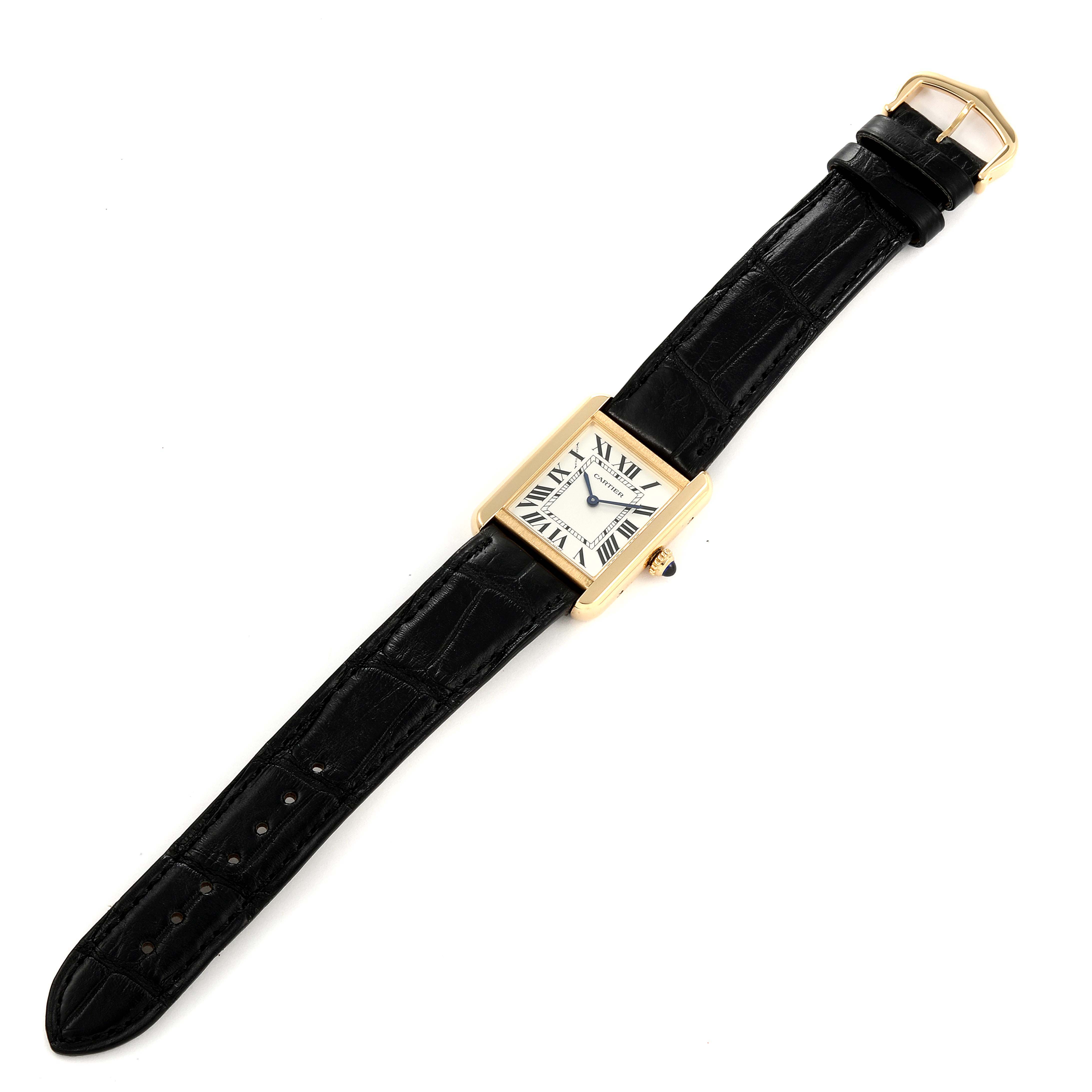 The image shows a Cartier Tank Solo W5200002 Women's Yellow Gold Silver Dial W5200002 Women's Yellow Gold Silver Dial watch laid flat, highlighting its rectangular face and black leather strap.