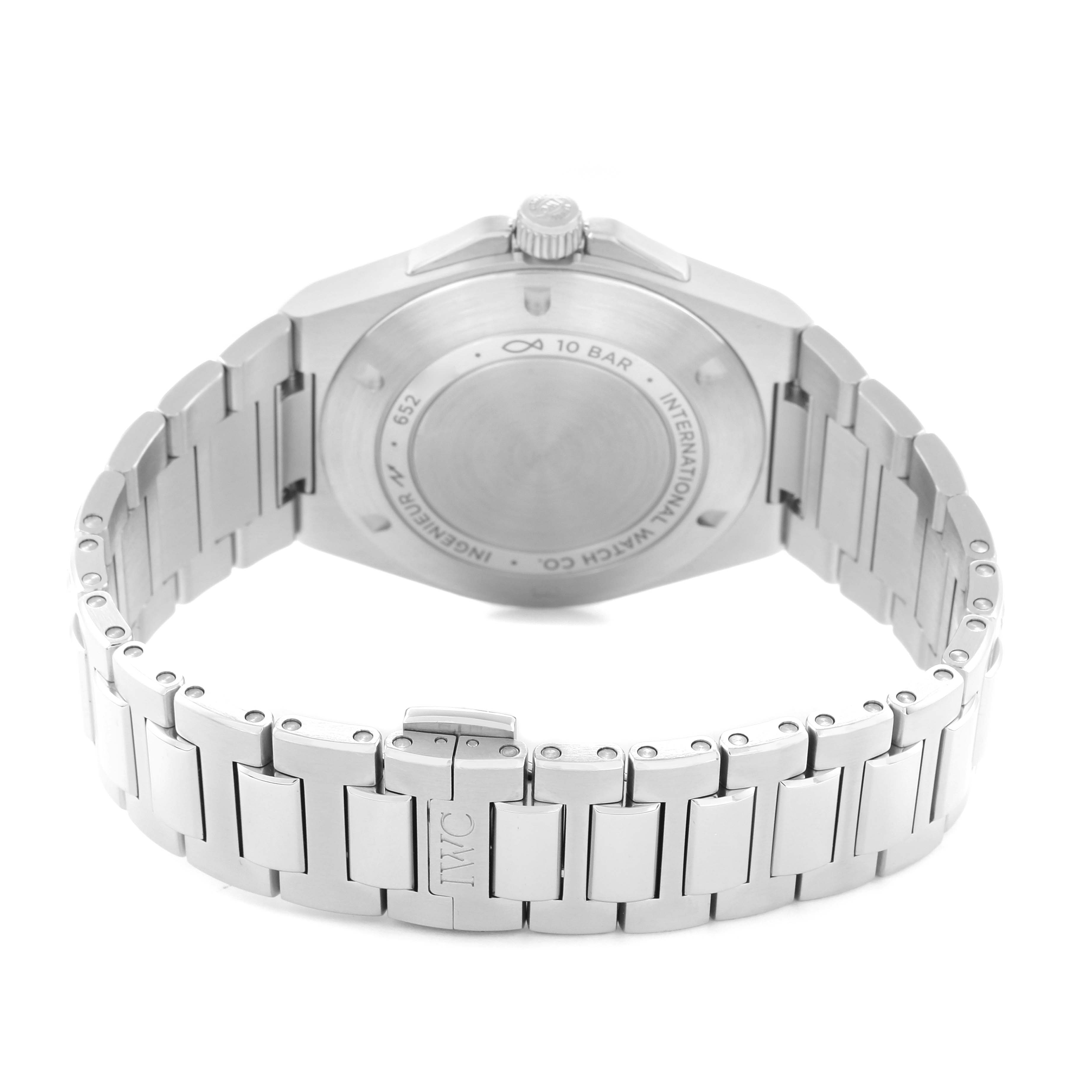 The image shows the back view of an IWC Ingenieur IW328903 Men
s Stainless Steel Blue Dial watch, highlighting the case back, bracelet, and clasp.