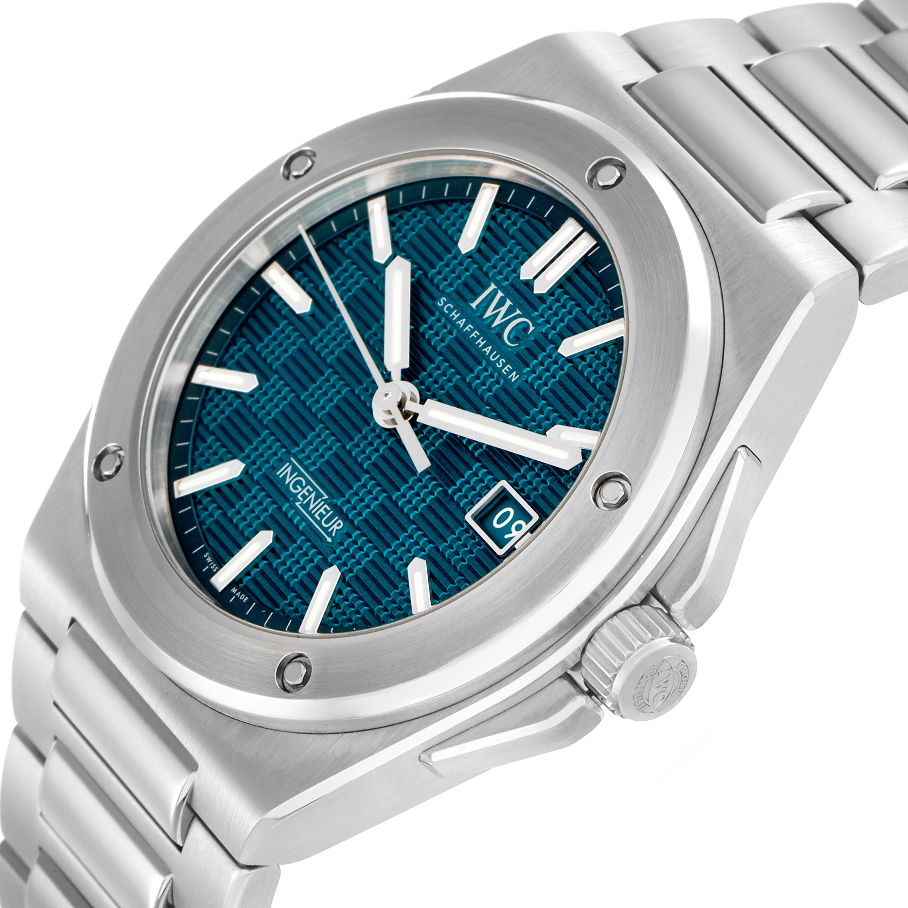 The IWC Ingenieur IW328903 Men
s Stainless Steel Blue Dial watch is shown from a top-side angle, highlighting the textured blue dial, bezel, crown, and bracelet.