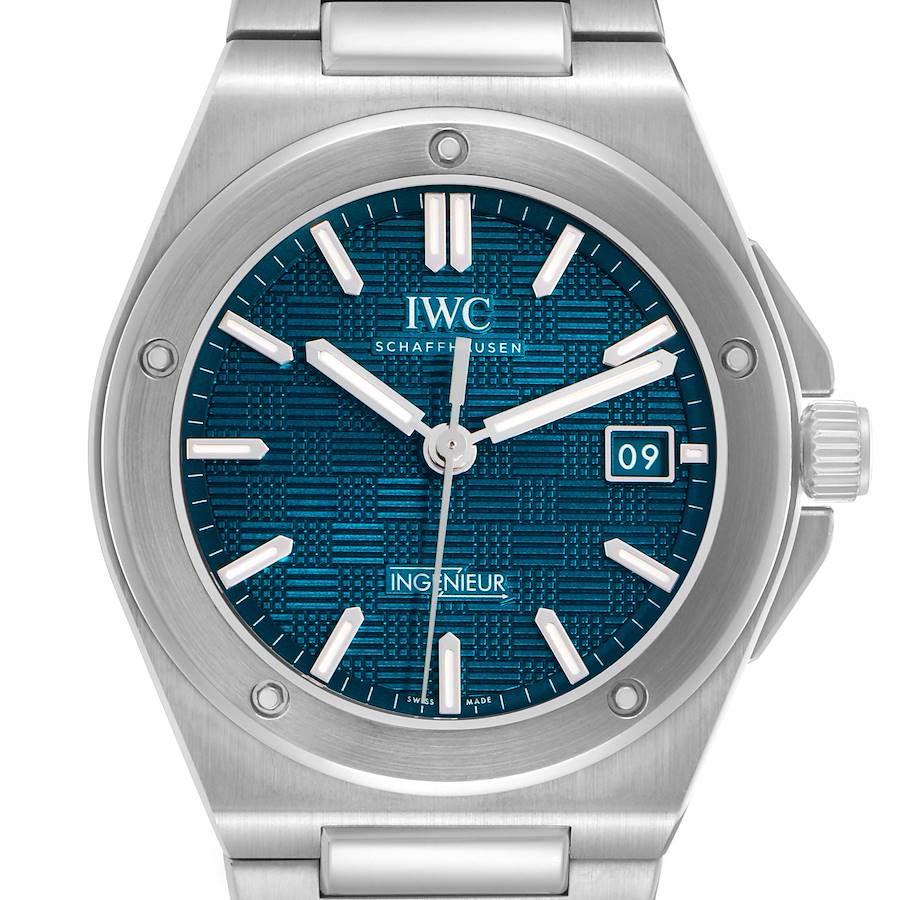 The IWC Ingenieur IW328903 Men's Stainless Steel Blue Dial watch is shown from a front angle, displaying the dial, hands, date window, and stainless steel bracelet.