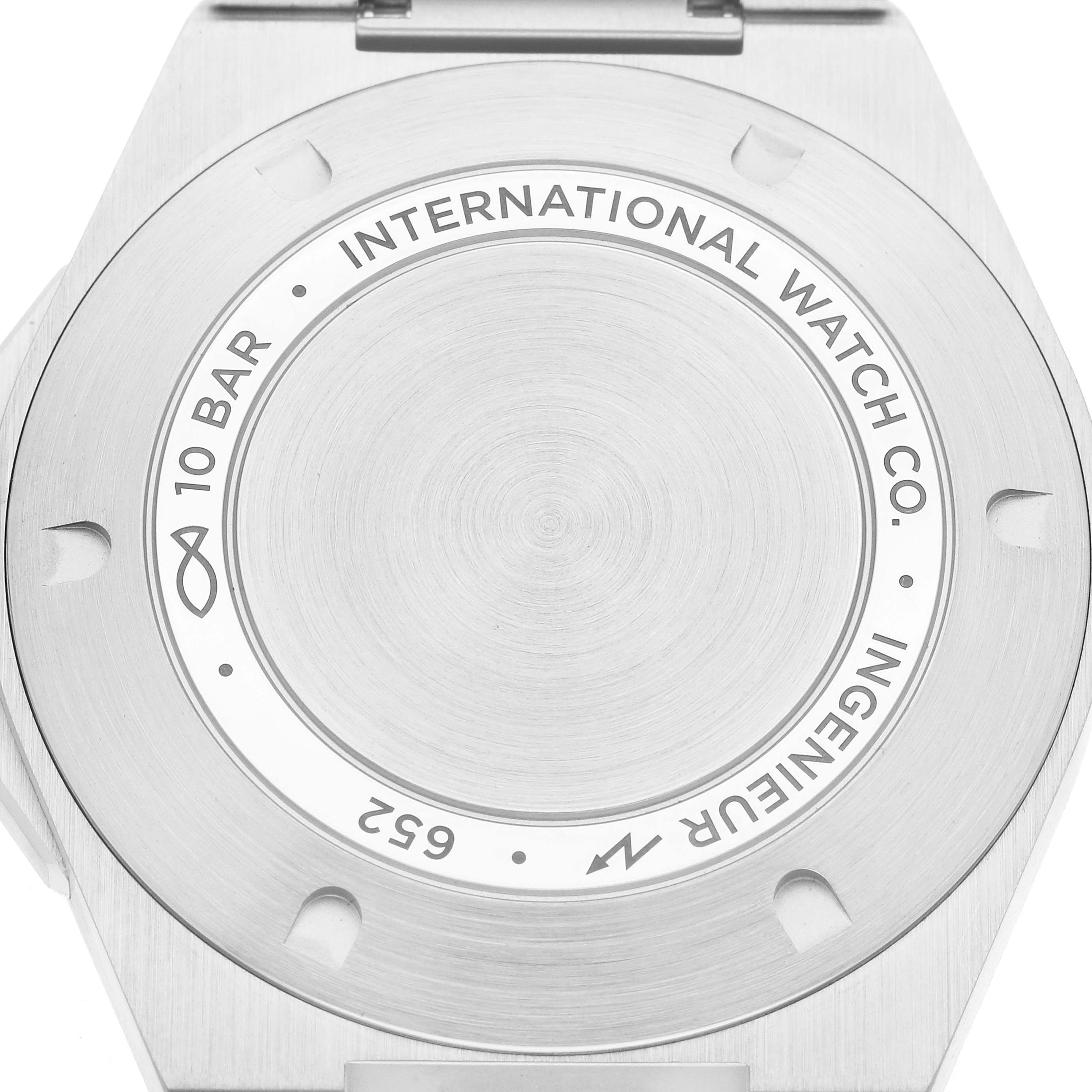 The image shows the back of the IWC Ingenieur IW328903 Men
s Stainless Steel Blue Dial watch, displaying its engraved details and water resistance rating.