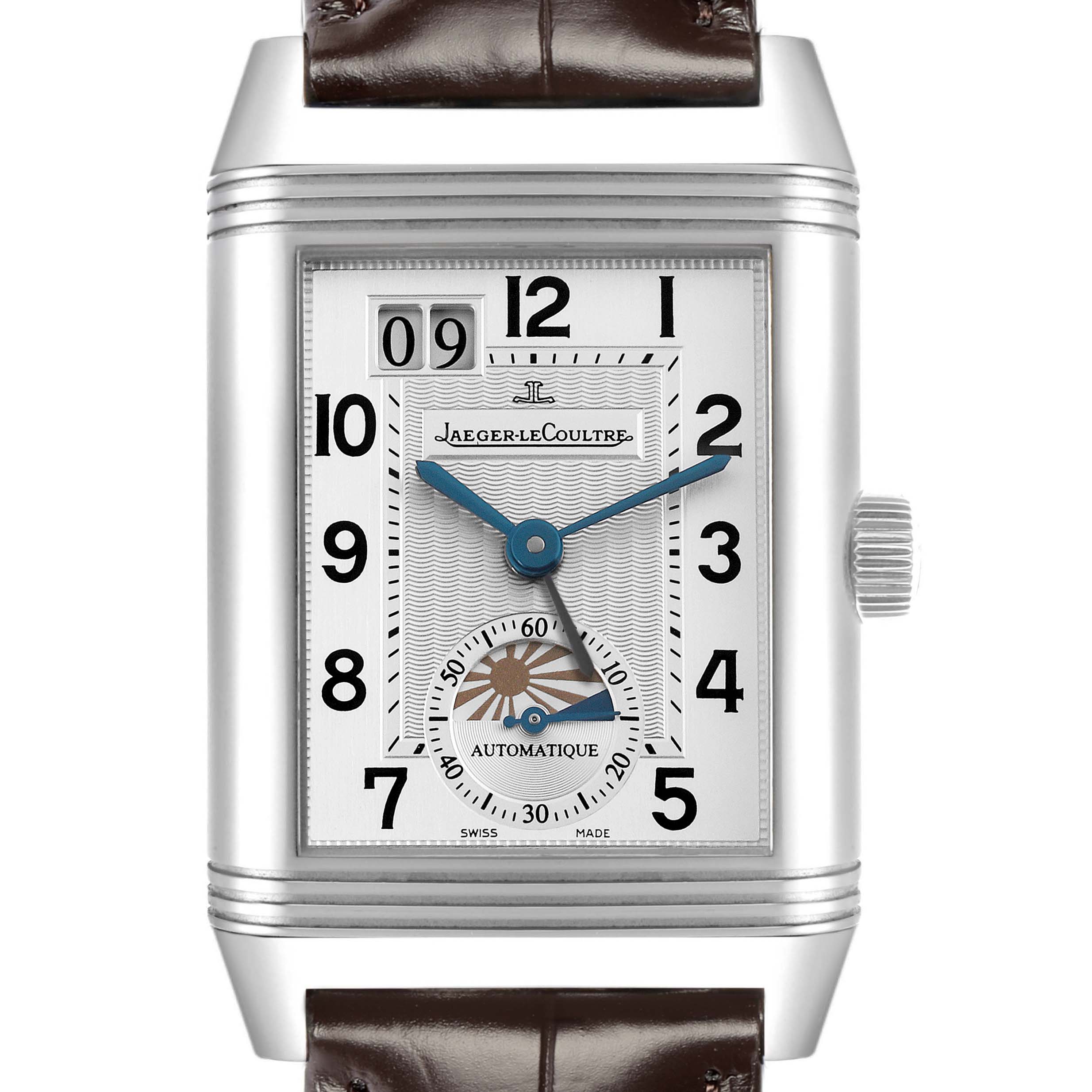 The Jaeger-LeCoultre Reverso watch is shown from the front, displaying the dial, hands, crown, and partial brown leather strap.