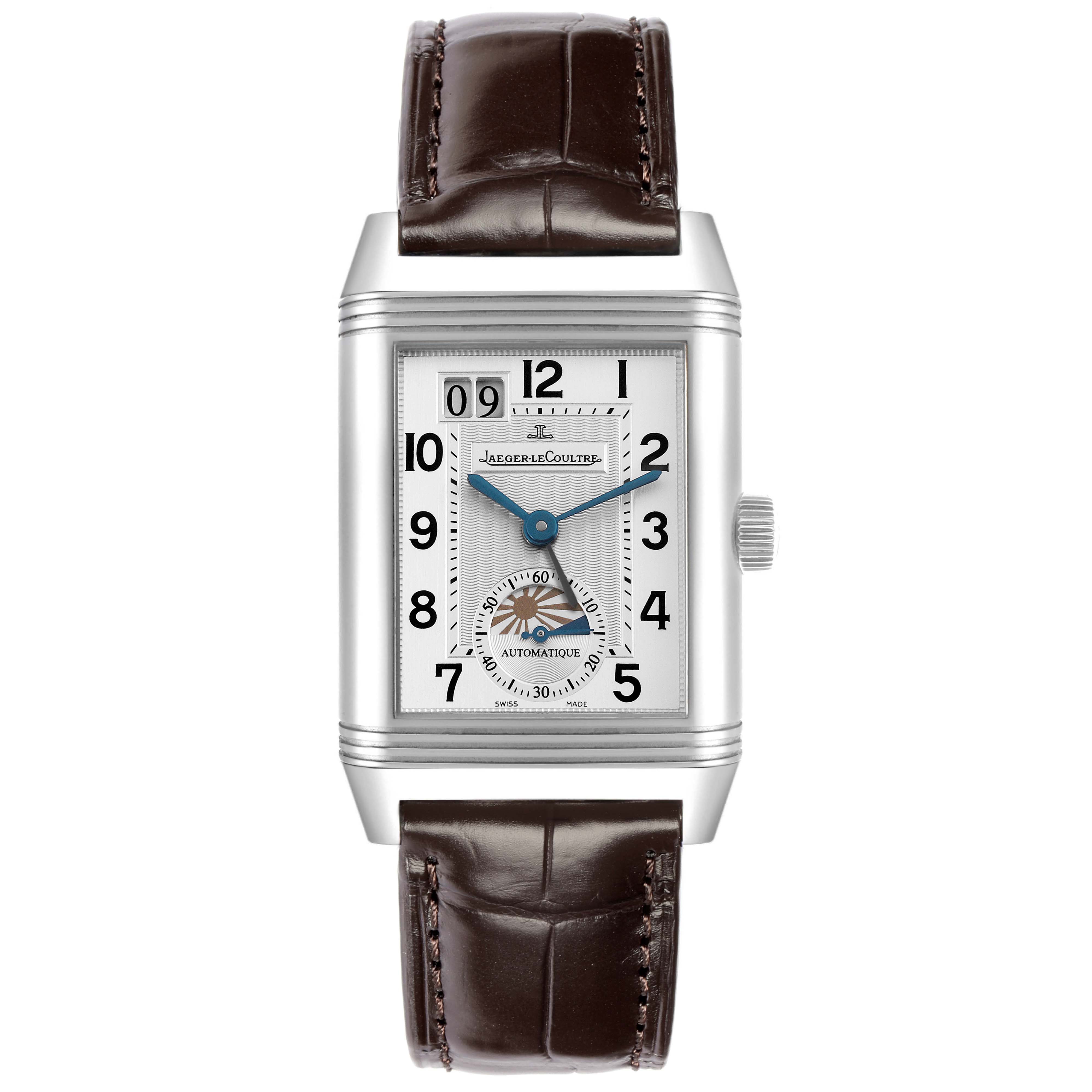 The Jaeger-LeCoultre Reverso is shown from the front, displaying the dial, crown, and leather strap.