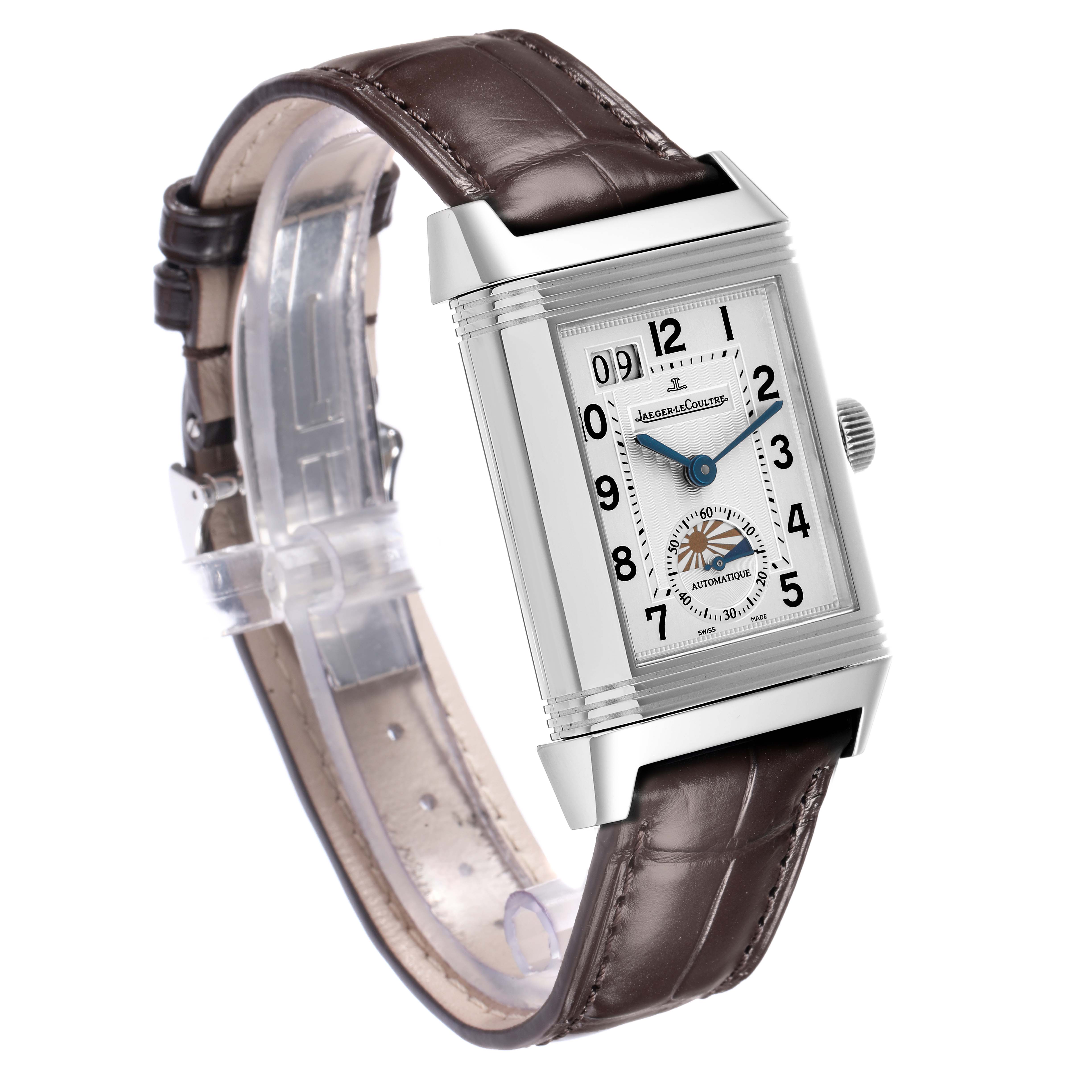 The Jaeger LeCoultre Reverso Q3038420 Men
s Stainless Steel Silver Dial watch is shown at a 3/4 angle, highlighting the face, case, and leather strap.