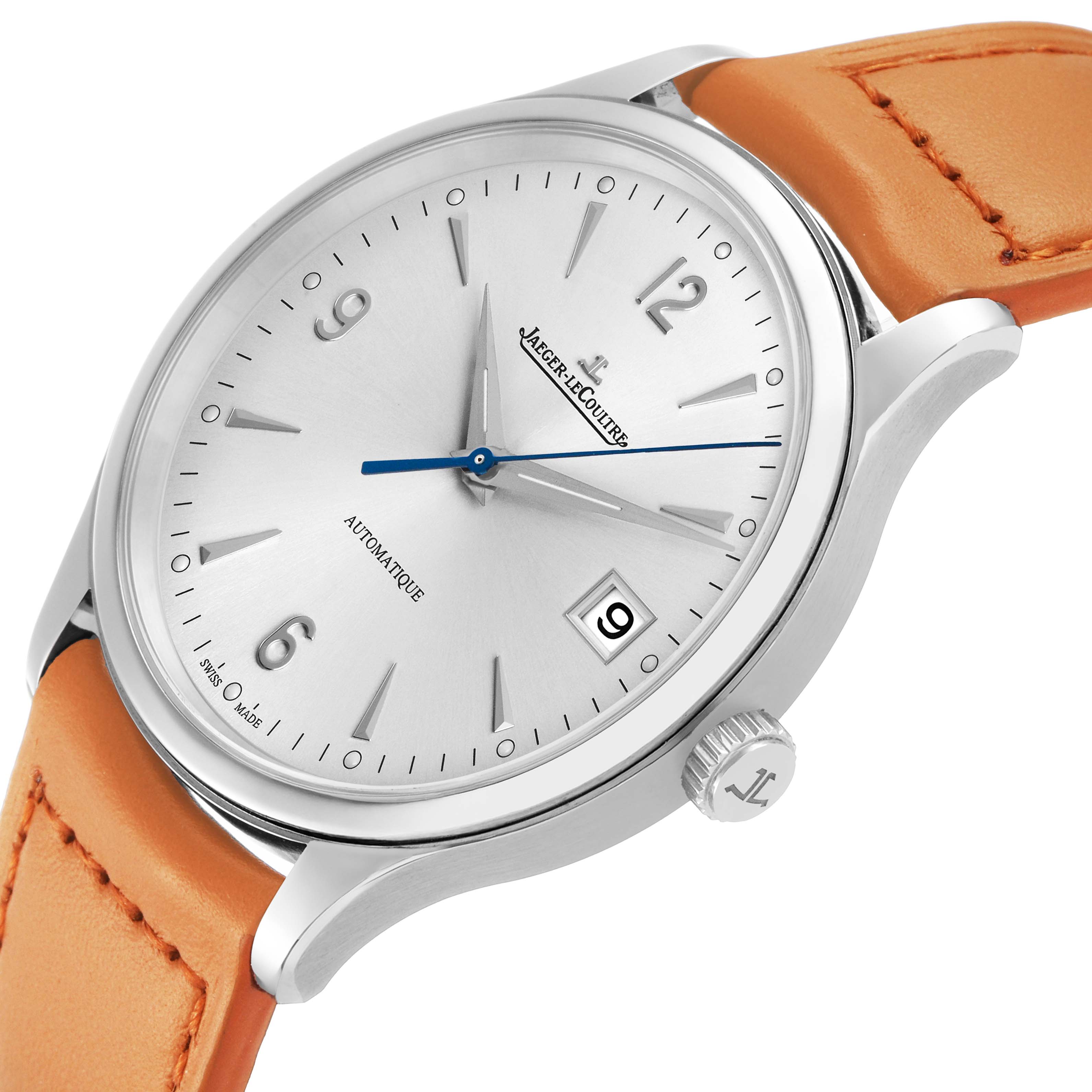 The Jaeger LeCoultre Master Q4018420 Men's Stainless Steel Silver Dial watch is shown at a slight angle, highlighting the dial, date window, textured crown, and brown leather strap.