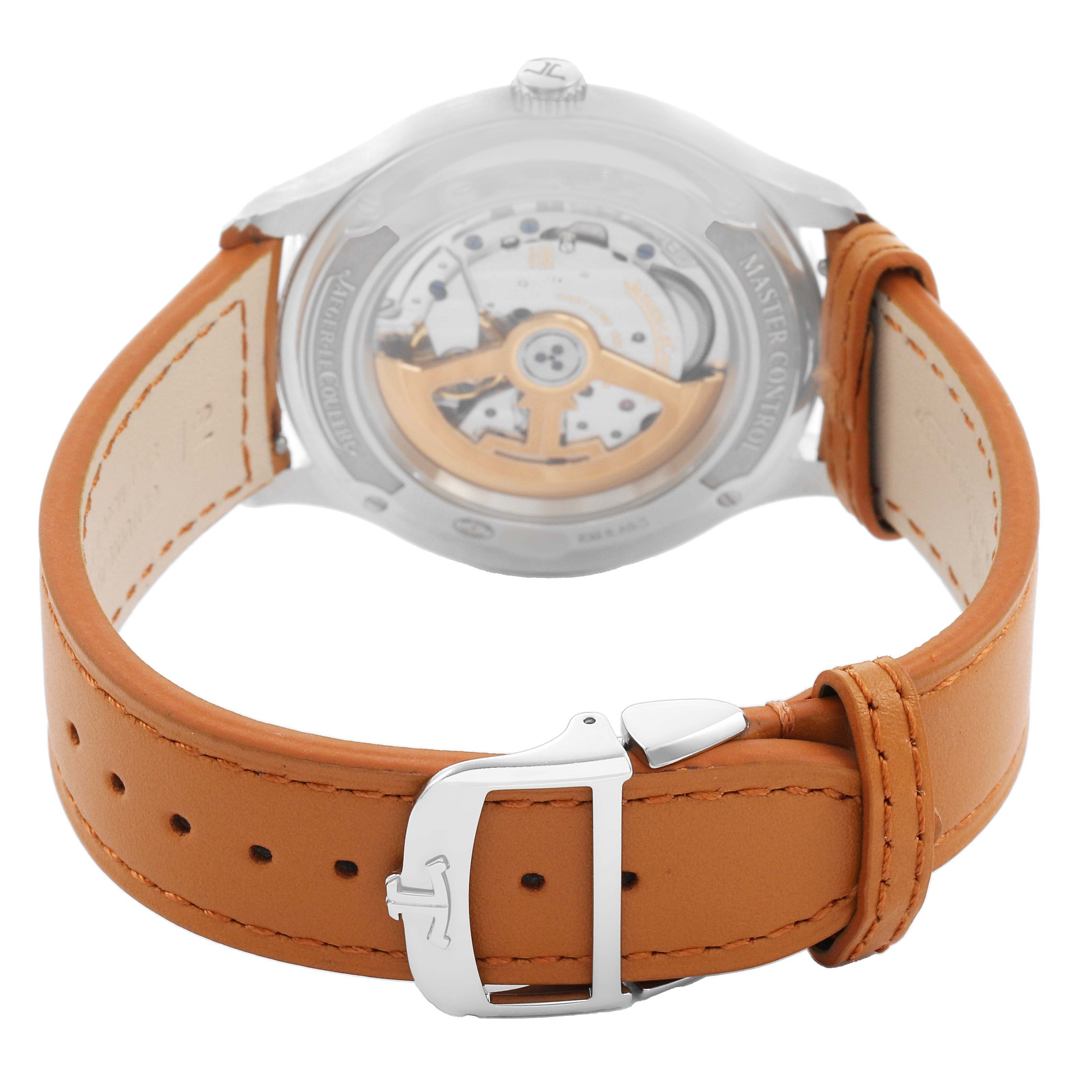The image shows the back view of the Jaeger LeCoultre Master Q4018420 Men's Stainless Steel Silver Dial model, displaying the movement and leather strap with a buckle.