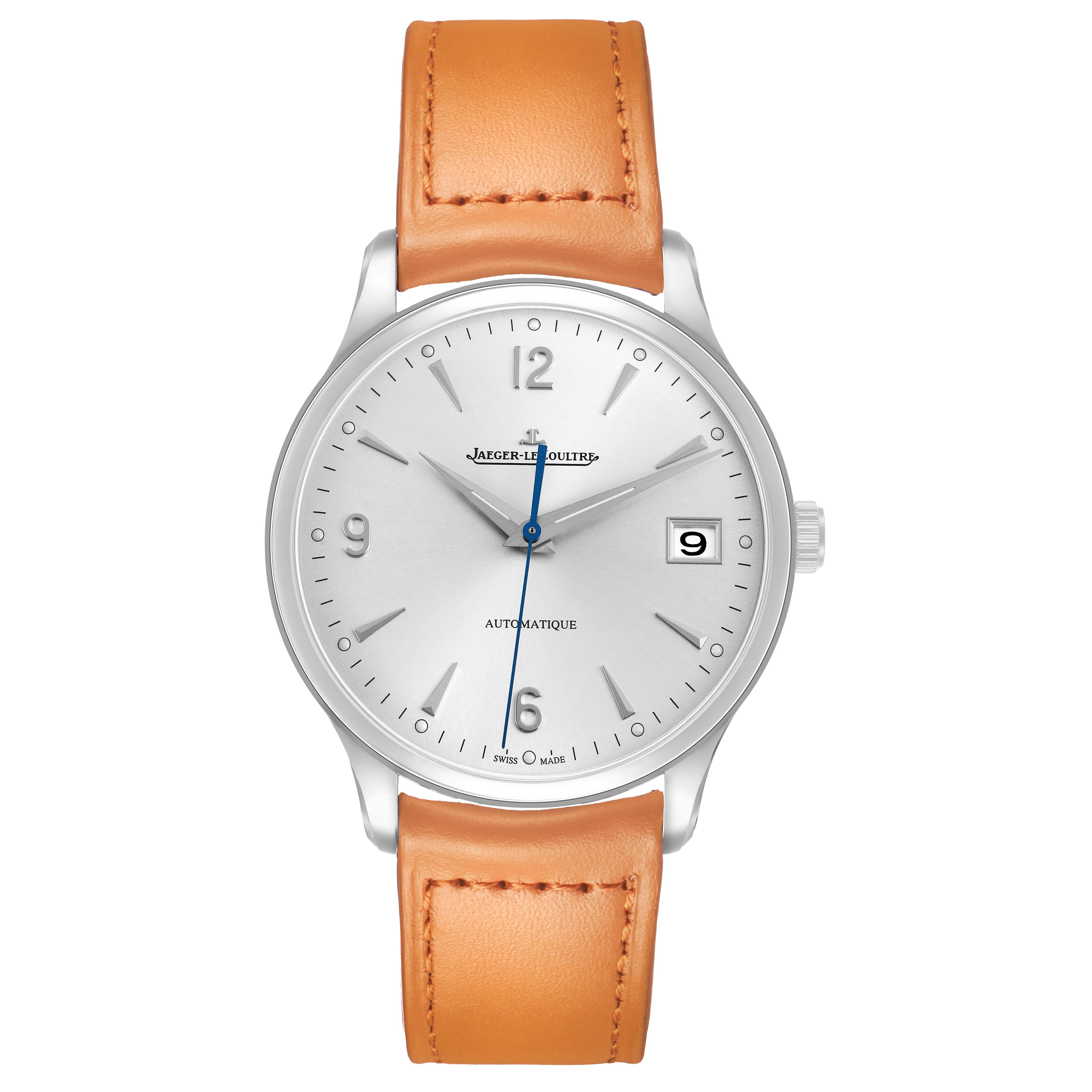 The Jaeger-LeCoultre Master watch is shown from a front angle, displaying the dial, hands, crown, and leather strap.