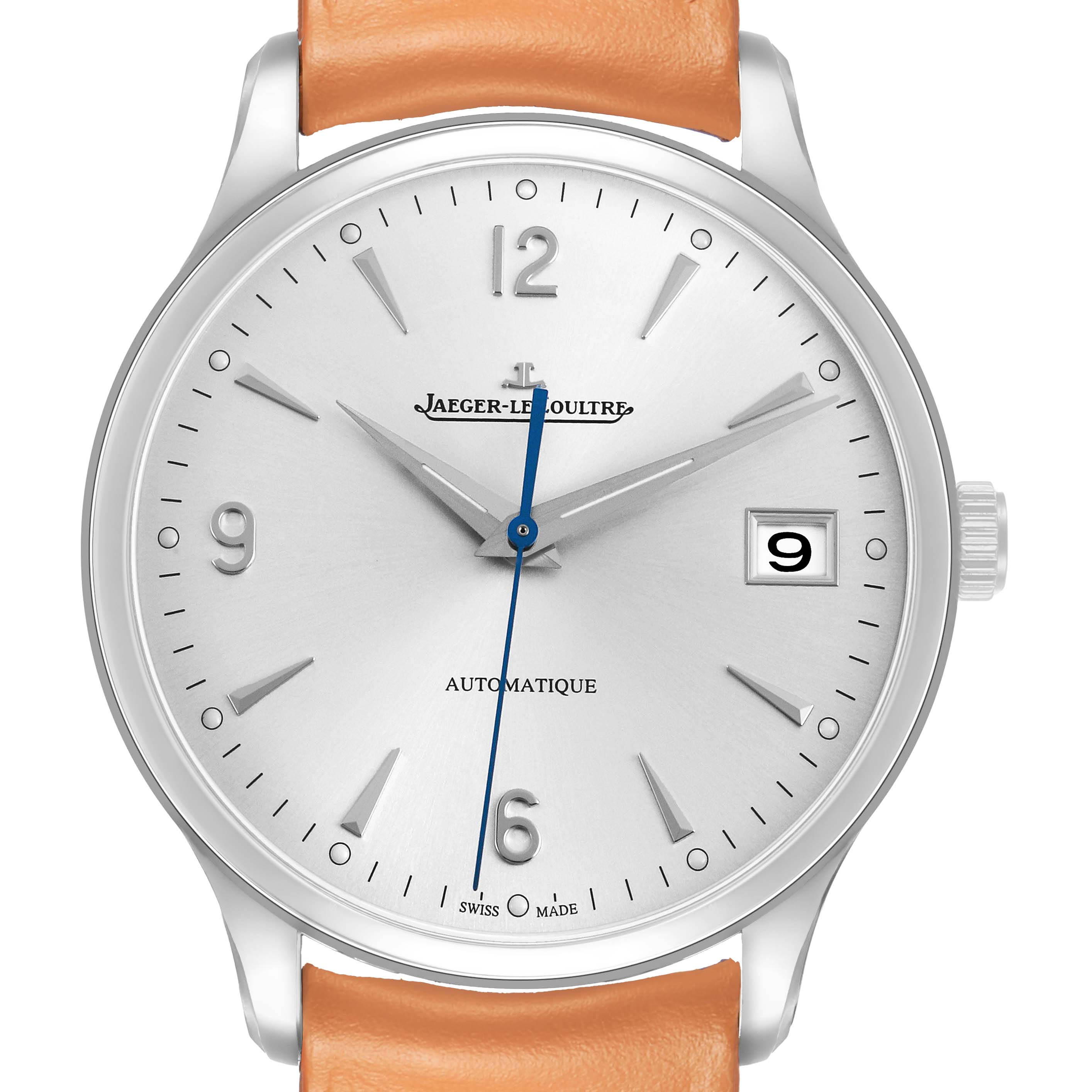 The Jaeger LeCoultre Master Q4018420 Men's Stainless Steel Silver Dial watch is shown from a front angle, displaying the entire face, hour markers, and date window.