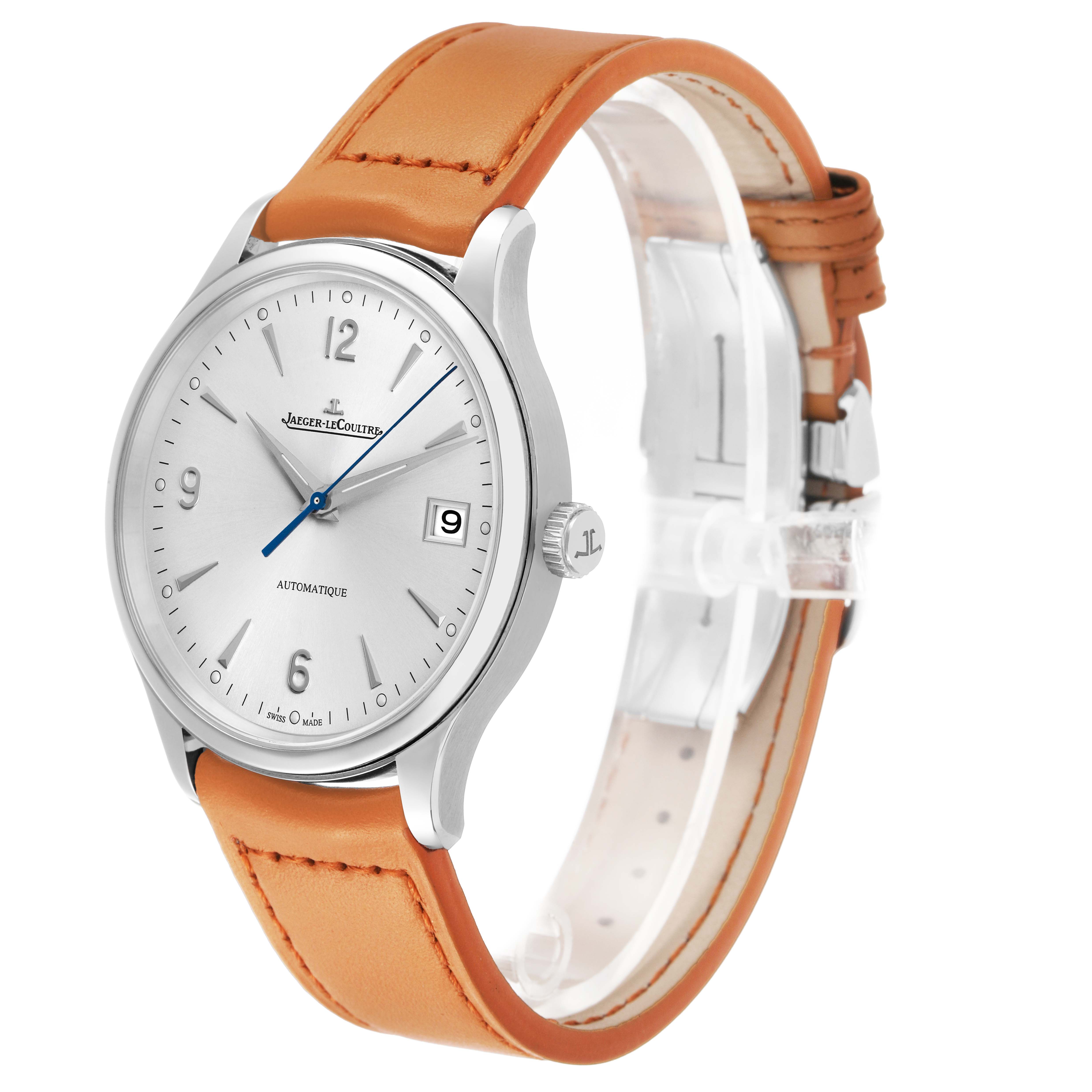 The Jaeger LeCoultre Master Q4018420 Men's Stainless Steel Silver Dial watch is shown from a three-quarter angle, displaying the dial, crown, and leather strap.