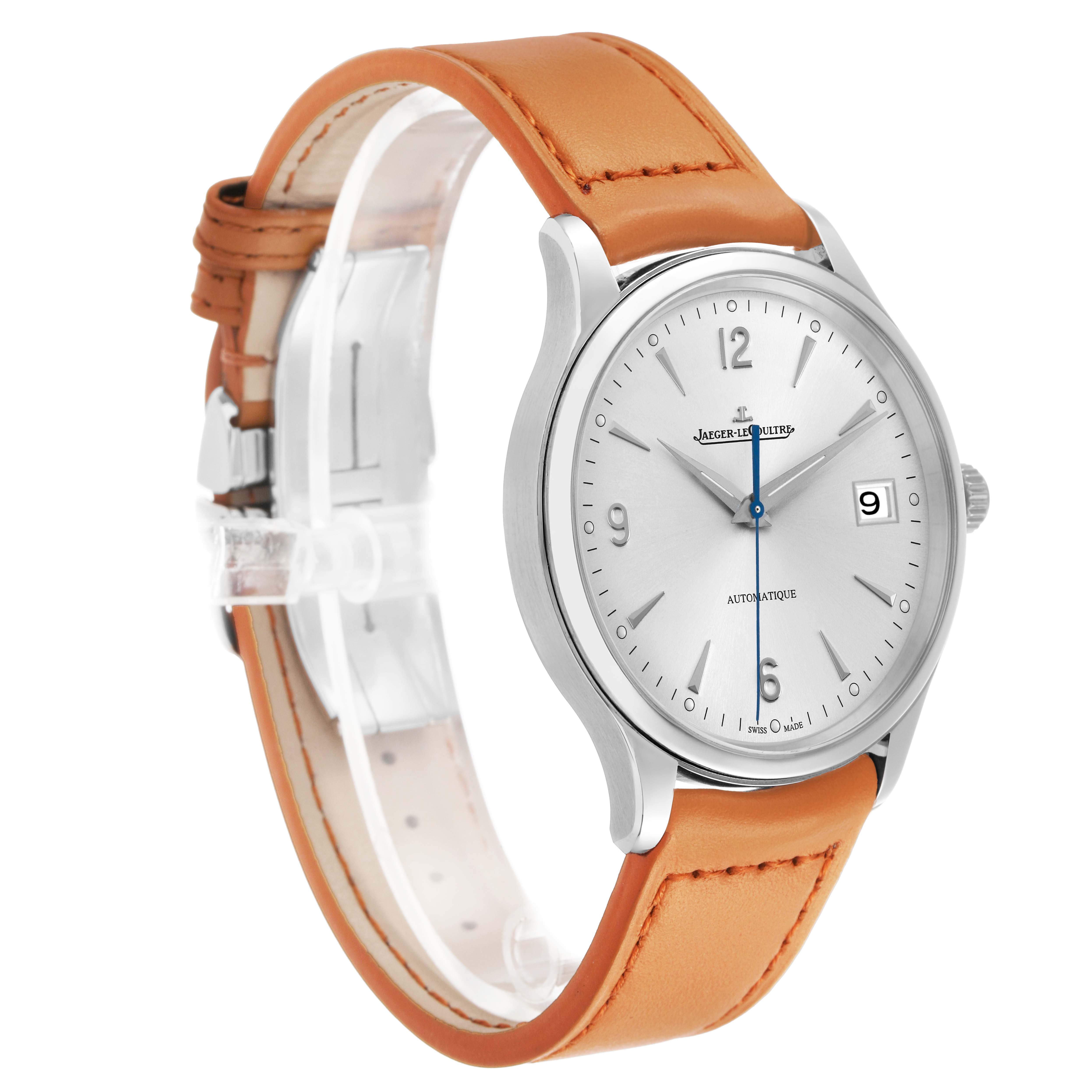 The Jaeger LeCoultre Master Q4018420 Men's Stainless Steel Silver Dial watch is shown at a front angle, highlighting the dial, case, and leather strap.