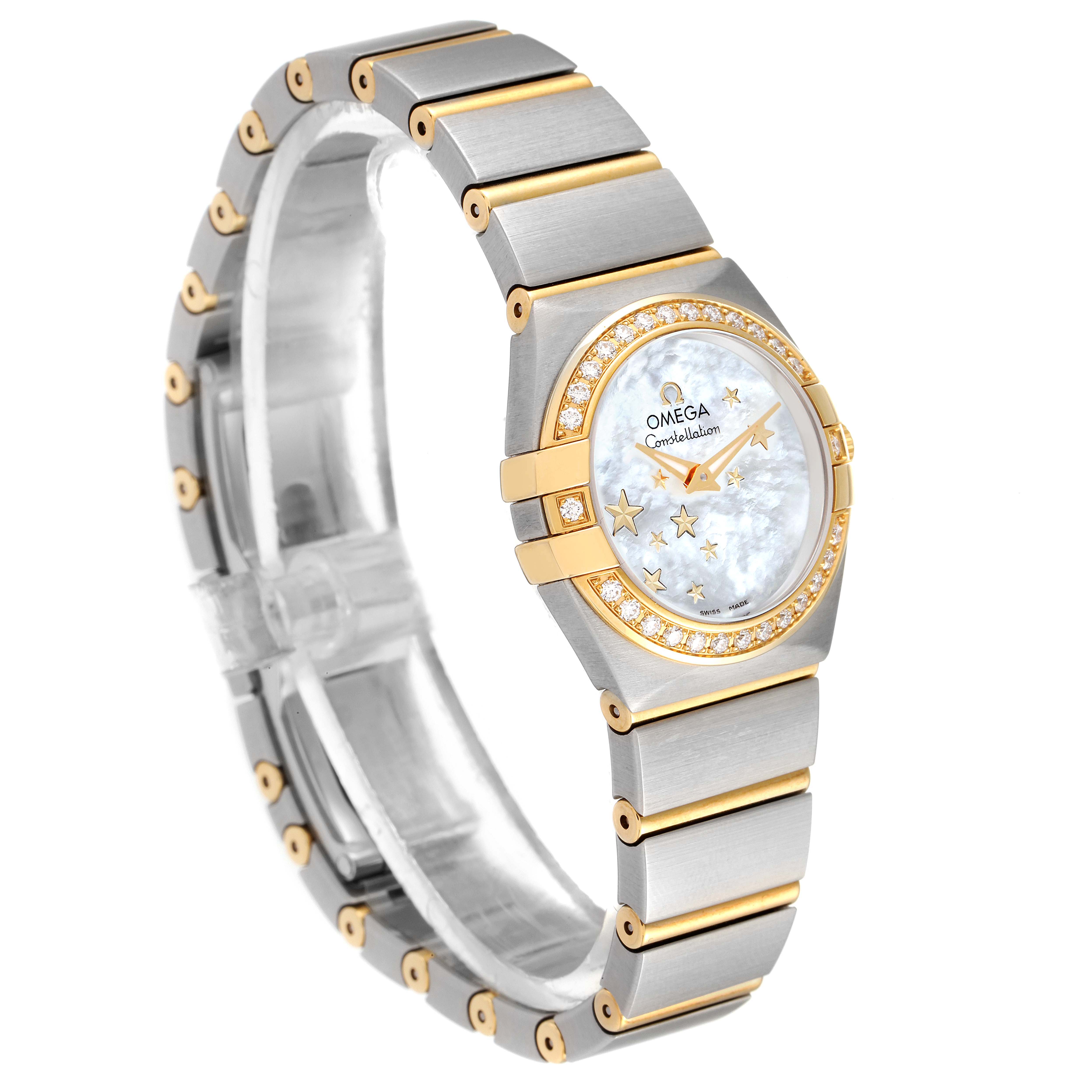 The image shows an angled view of an Omega 123.25.24.60.05.001 Women's Steel and Gold (two tone) Mother of Pearl Dial 123.25.24.60.05.001 Women's Steel and Gold (two tone) Mother of Pearl Dial Constellation Star Steel Yellow Gold Diamond Ladies Watch 123.25.24.60.05.001, highlighting the bracelet and dial.