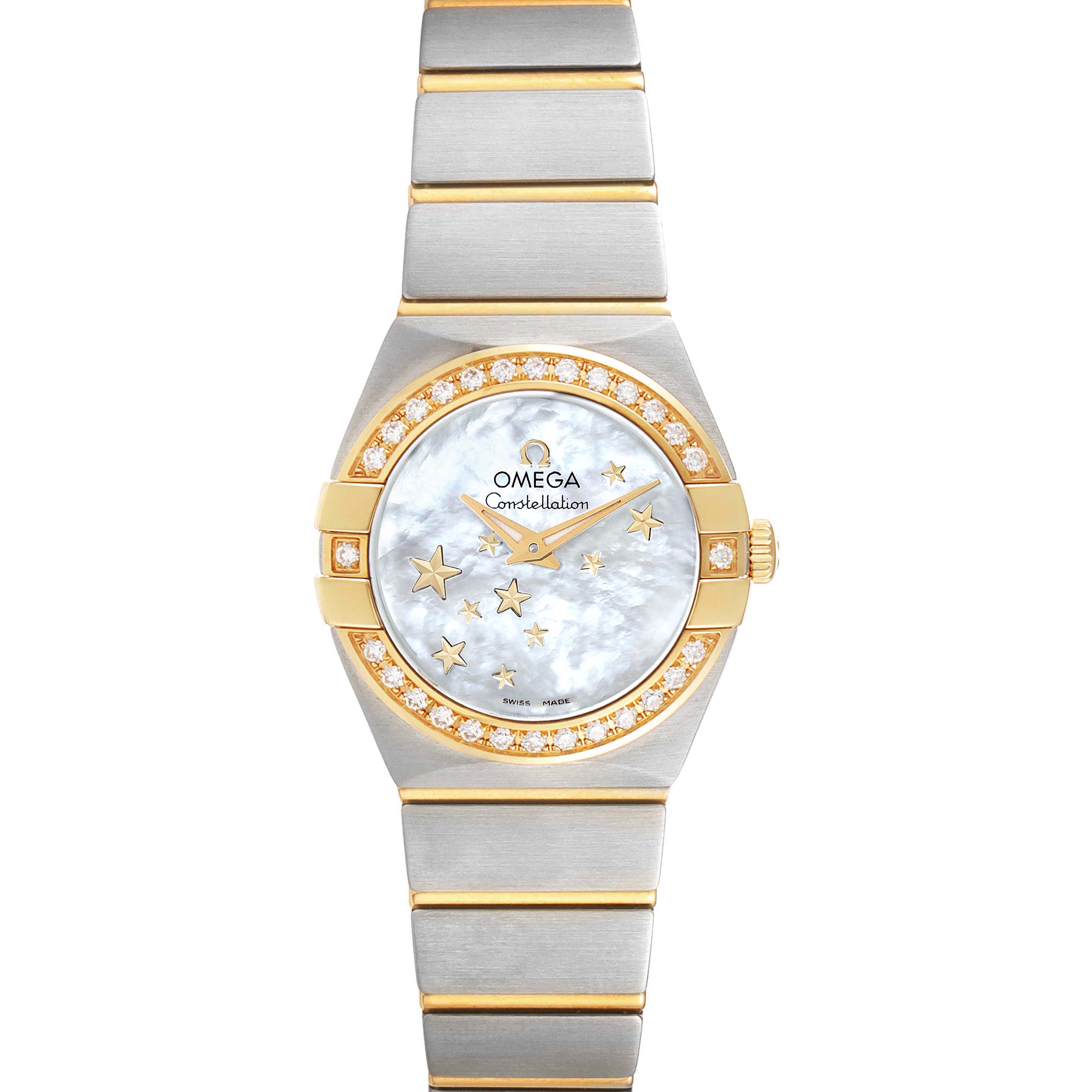 The image shows a full frontal view of the Omega 123.25.24.60.05.001 Women's Steel and Gold (two tone) Mother of Pearl Dial 123.25.24.60.05.001 Women's Steel and Gold (two tone) Mother of Pearl Dial Constellation Star Steel Yellow Gold Diamond Ladies Watch model 123.25.24.60.05.001.