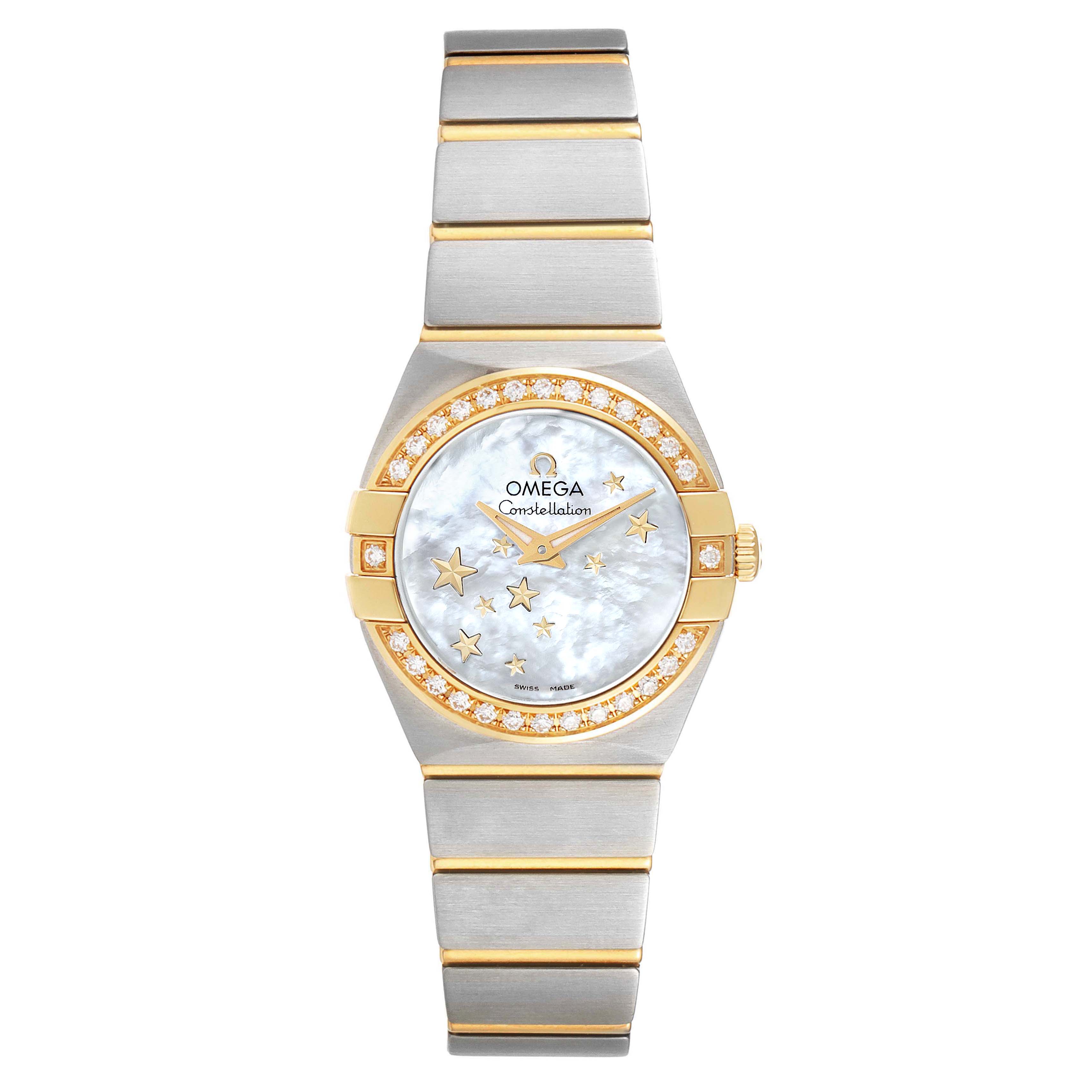Front view of the Omega 123.25.24.60.05.001 Women's Steel and Gold (two tone) Mother of Pearl Dial 123.25.24.60.05.001 Women's Steel and Gold (two tone) Mother of Pearl Dial Constellation Star Steel Yellow Gold Diamond Ladies Watch 123.25.24.60.05.001, showing the dial and bracelet.