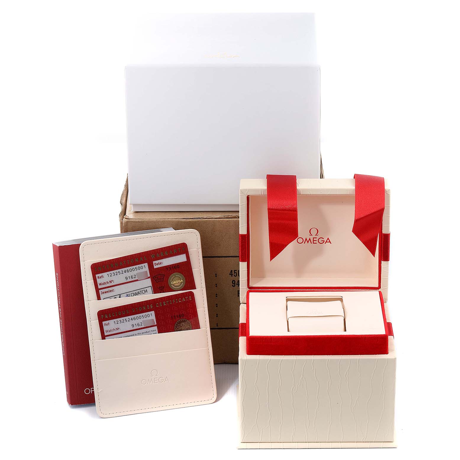 The image shows packaging, a warranty card, and a box for the Omega 123.25.24.60.05.001 Women's Steel and Gold (two tone) Mother of Pearl Dial 123.25.24.60.05.001 Women's Steel and Gold (two tone) Mother of Pearl Dial Constellation Star Steel Yellow Gold Diamond Ladies Watch 123.25.24.60.05.001 model.