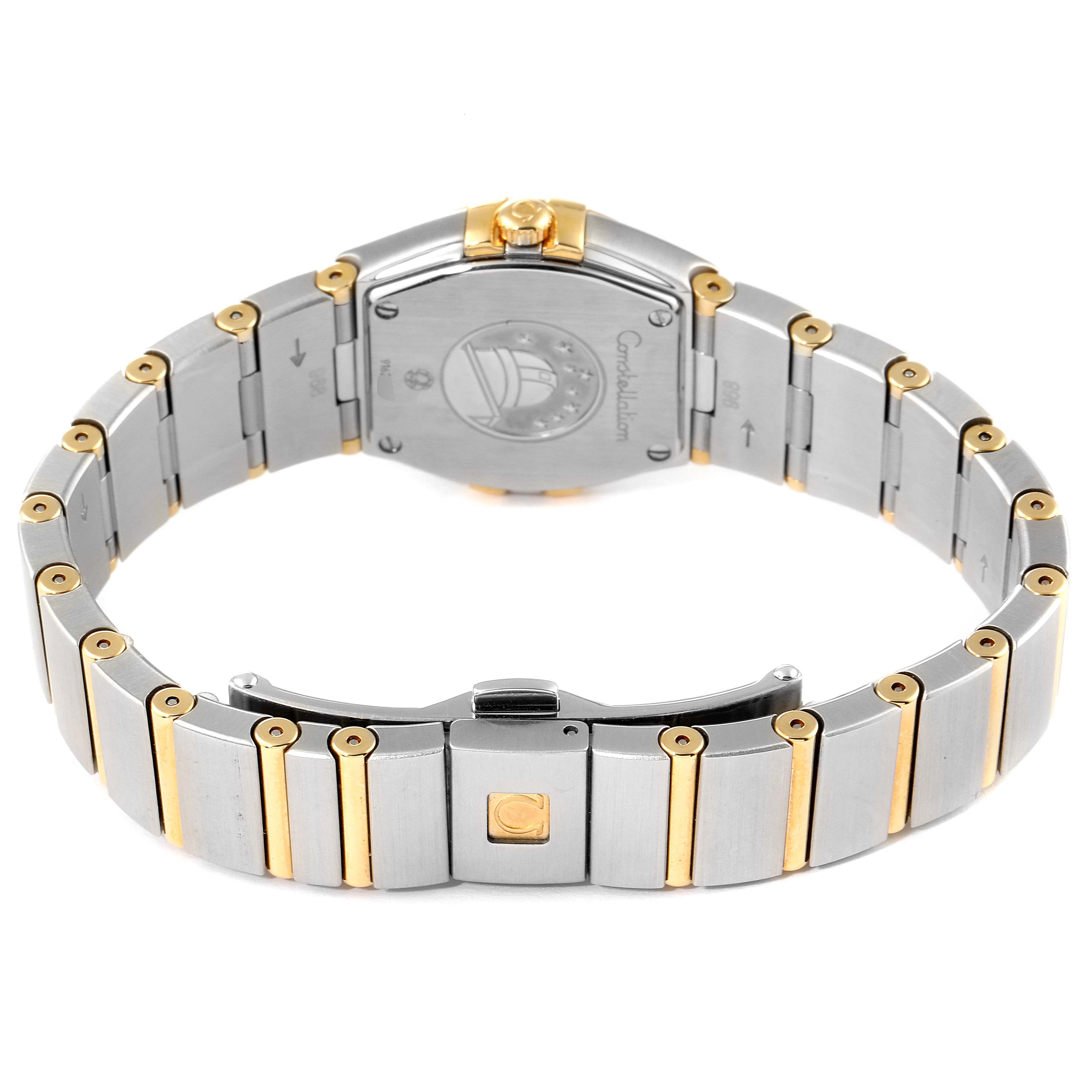 The image shows the back and bracelet of the Omega 123.25.24.60.05.001 Women's Steel and Gold (two tone) Mother of Pearl Dial 123.25.24.60.05.001 Women's Steel and Gold (two tone) Mother of Pearl Dial Constellation Star Steel Yellow Gold Diamond Ladies Watch 123.25.24.60.05.001.