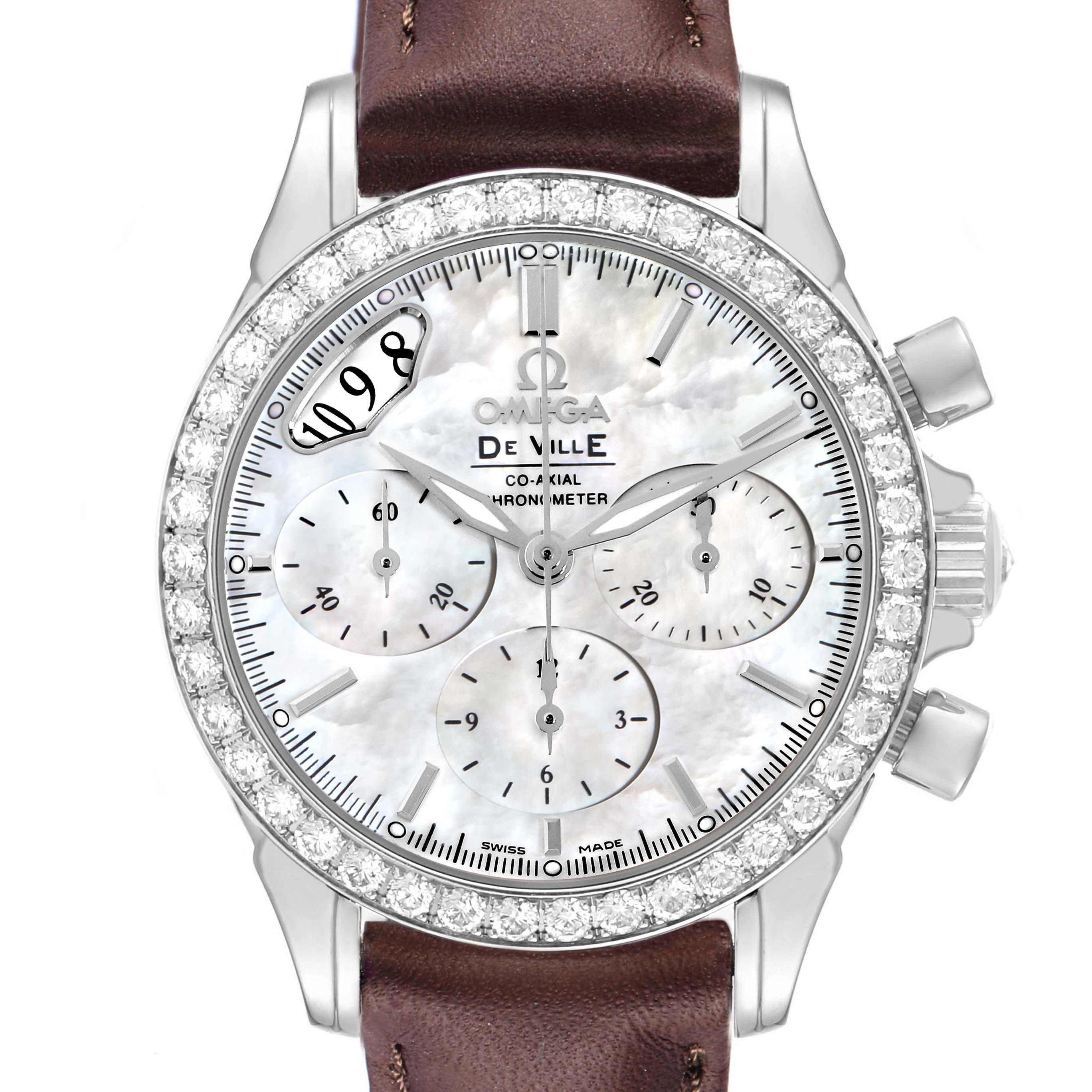 The Omega De Ville 4877.70.36 Men
s Stainless Steel Mother of Pearl Dial watch is shown from the front, highlighting the dial, chronograph subdials, and diamond-set bezel.