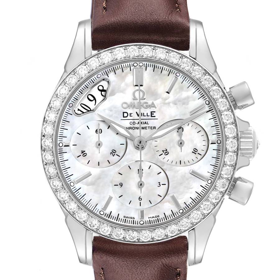 The Omega De Ville 4877.70.36 Men's Stainless Steel Mother of Pearl Dial watch is shown from the front, highlighting the dial, chronograph subdials, and diamond-set bezel.