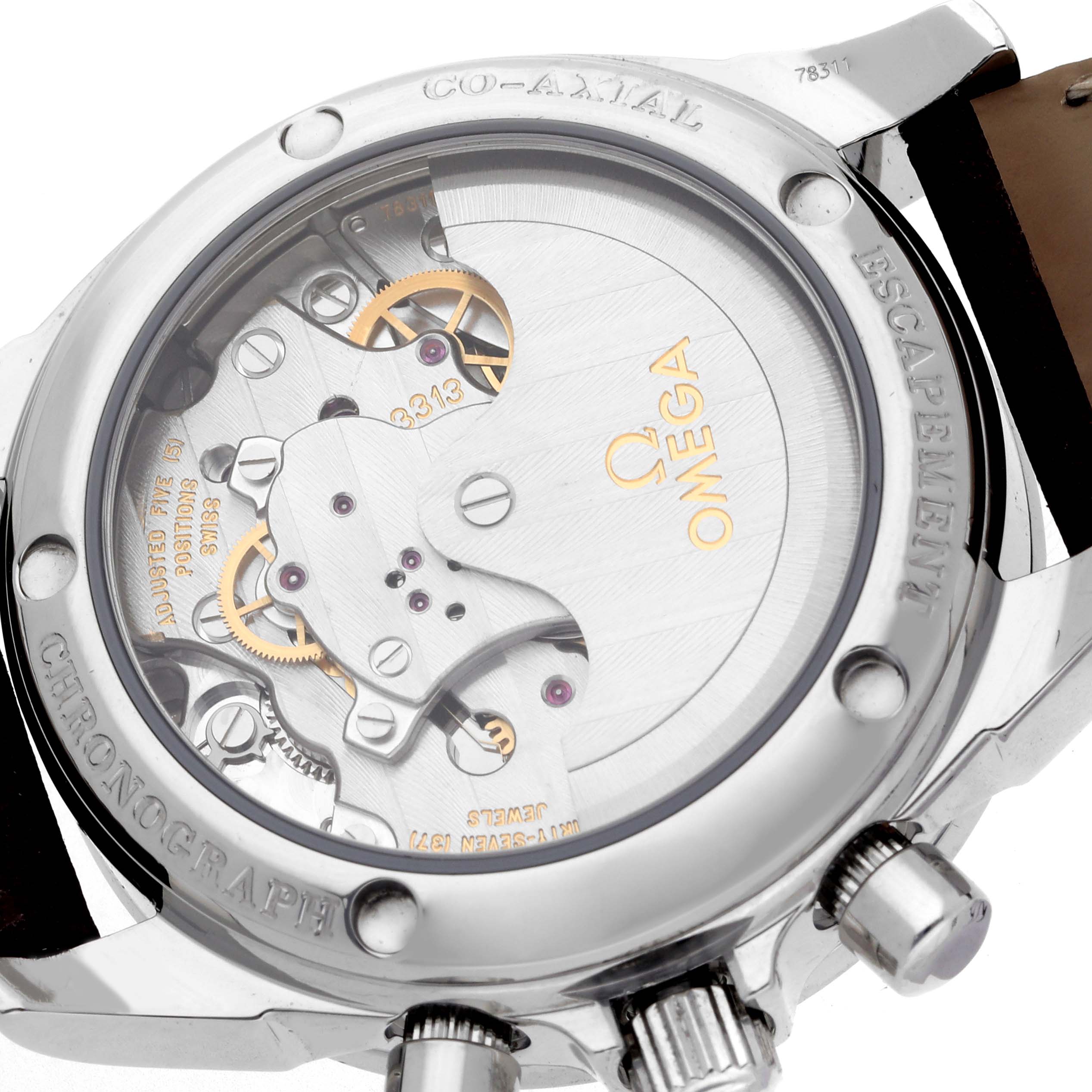 The image shows the back view of the Omega De Ville 4877.70.36 Men
s Stainless Steel Mother of Pearl Dial watch, highlighting its exposed movement and case details.