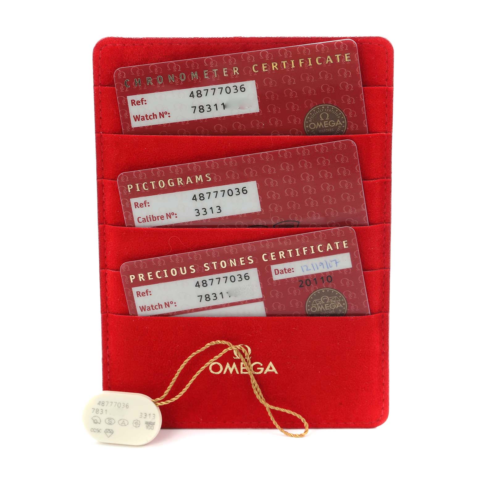 The image shows Omega De Ville 4877.70.36 Men
s Stainless Steel Mother of Pearl Dial
s certificates, including chronometer and precious stones, in a red holder.