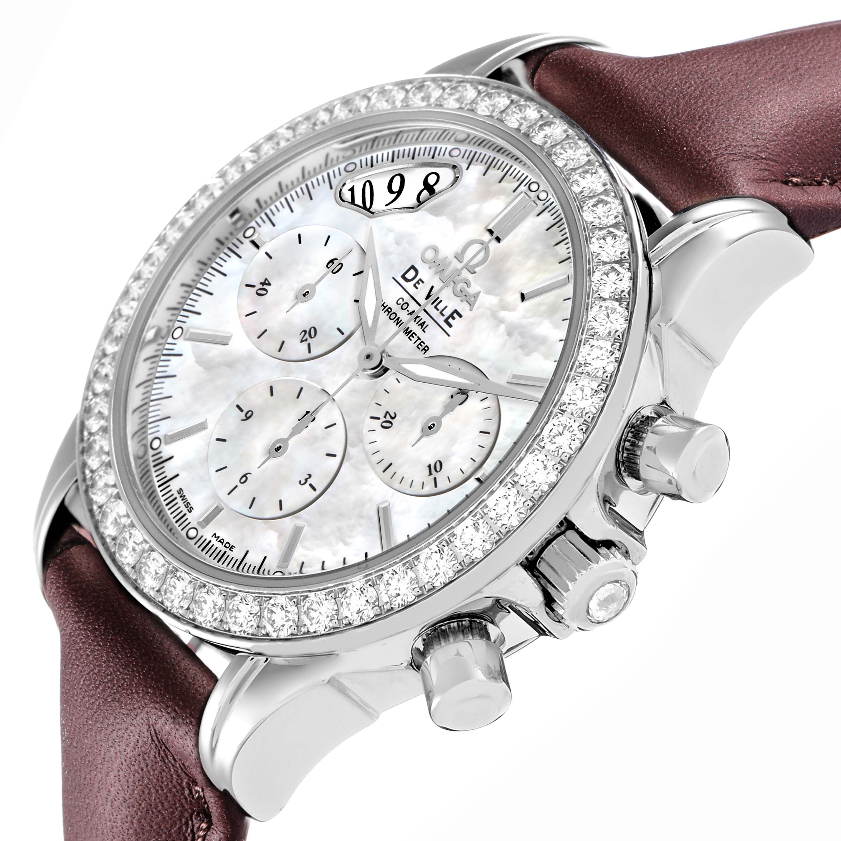 The Omega De Ville 4877.70.36 Men
s Stainless Steel Mother of Pearl Dial watch is shown at an angle highlighting the dial, diamond bezel, and pushers, with a partial view of the strap.