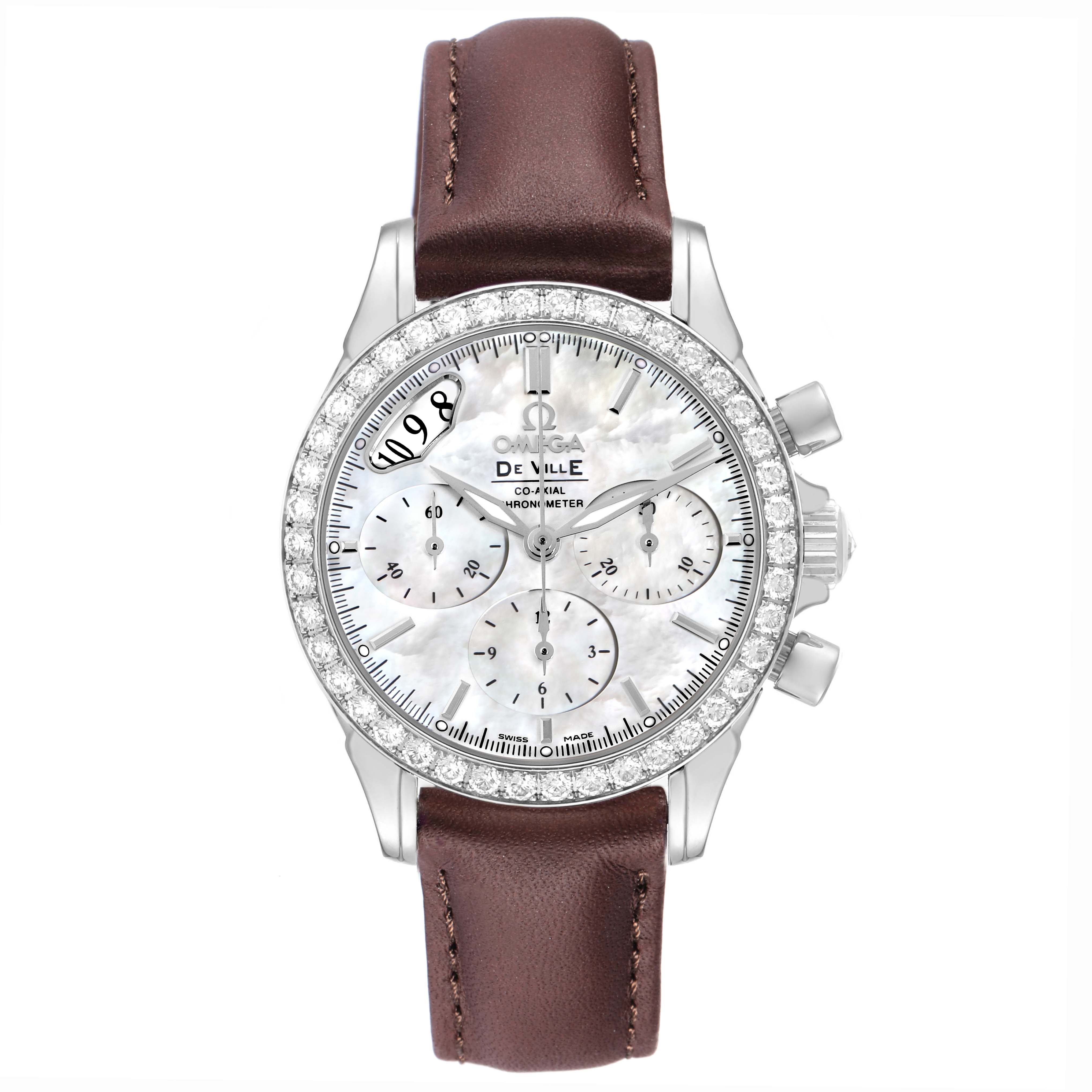 The Omega De Ville 4877.70.36 Men
s Stainless Steel Mother of Pearl Dial watch is shown from a top-down angle, highlighting its face, bezel, and brown leather strap.